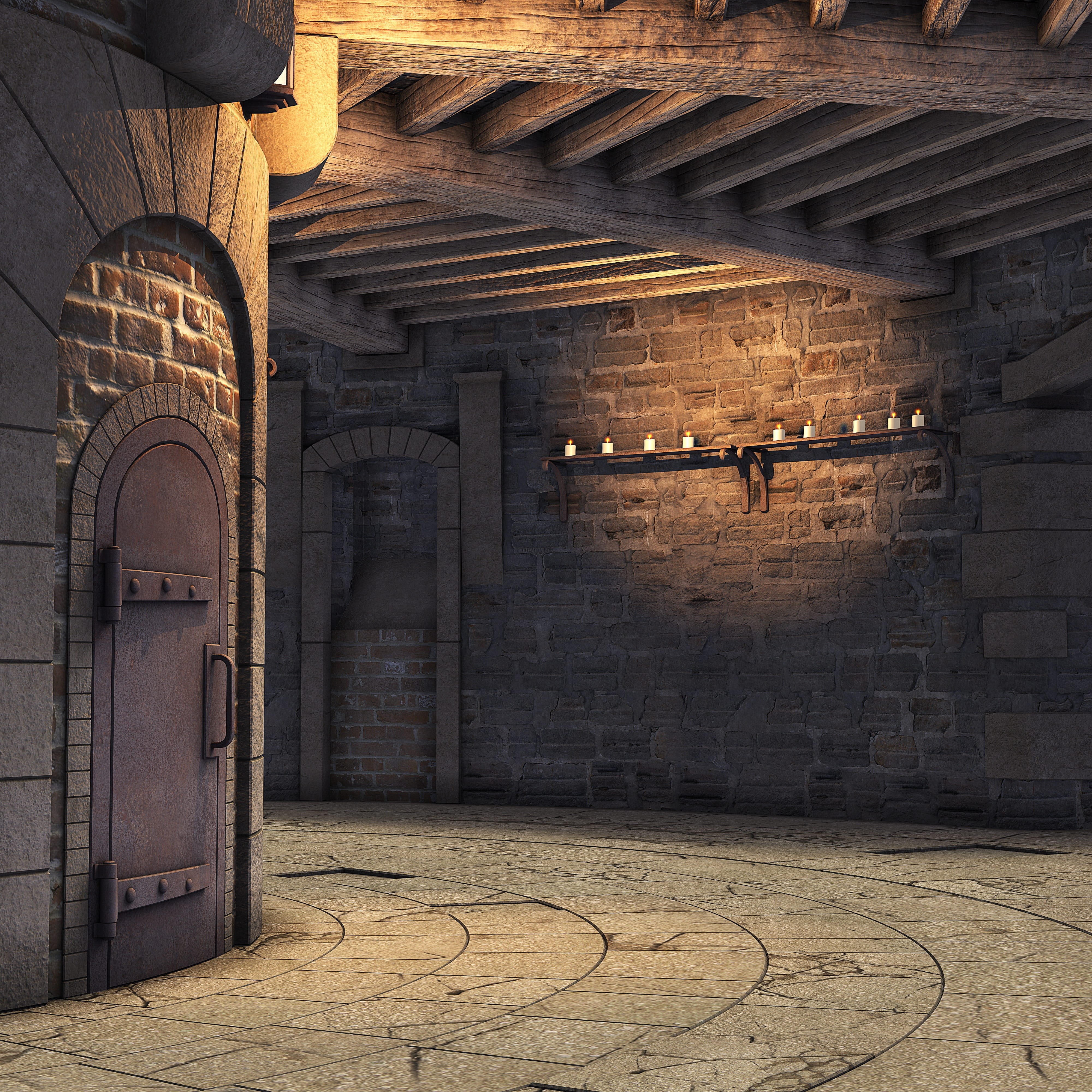 wooden beams, wooden, arch, render, architectural column, door, hauswand, cracks, vintage, brown, lighting equipment, 4K, in a row, stage, ceiling, illuminated, Phone HD Wallpaper