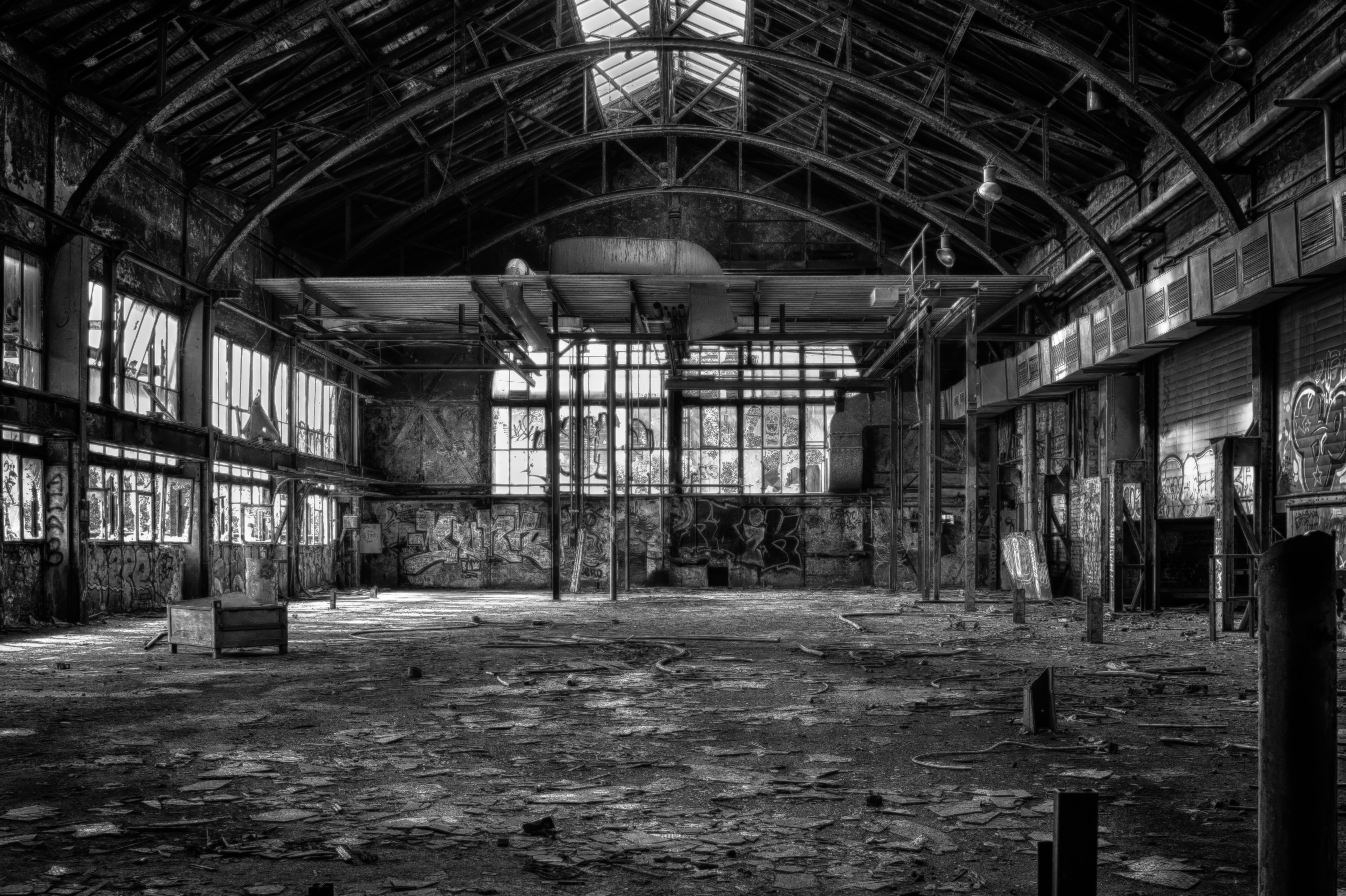 abandoned, industrial plant, warehouse, roof beam, window, industry, architectural column, ceiling, built structure, decay, past, pforphoto, factory, ailing, HD Wallpaper