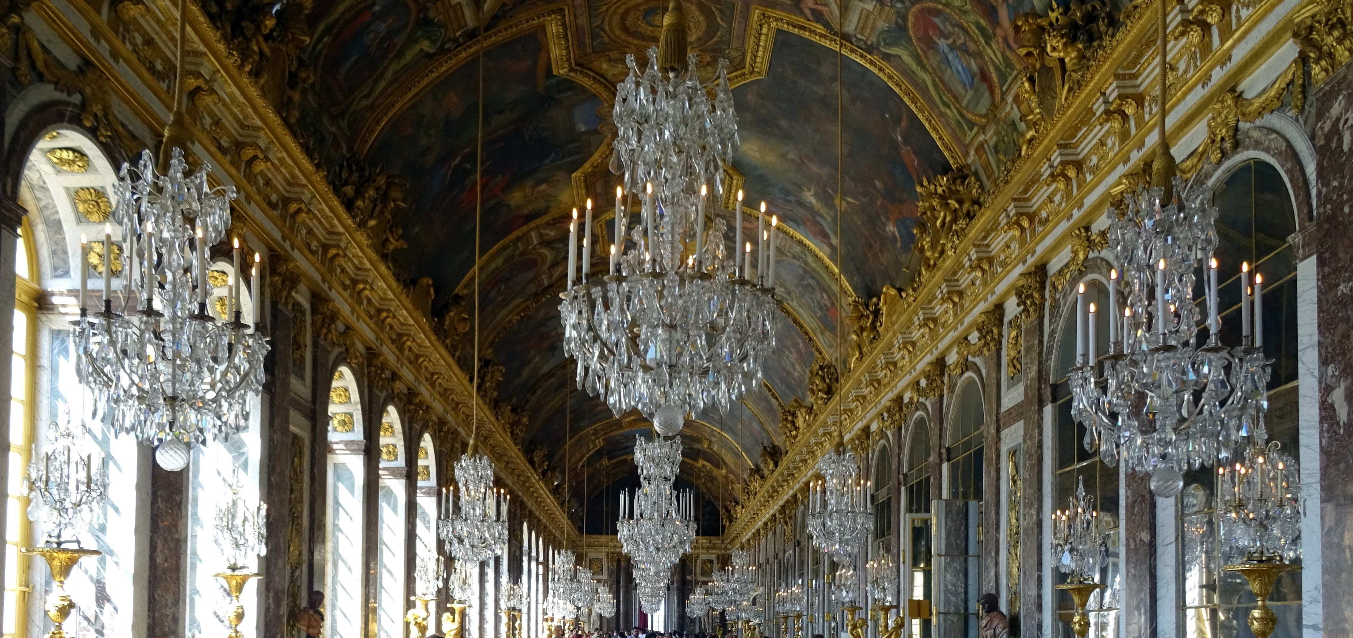 built structure, day, luxury, the past, paris, arch, roof beam, spirituality, architecture, place of worship, glass, building, palace, ceiling, chandeliers, HD Wallpaper