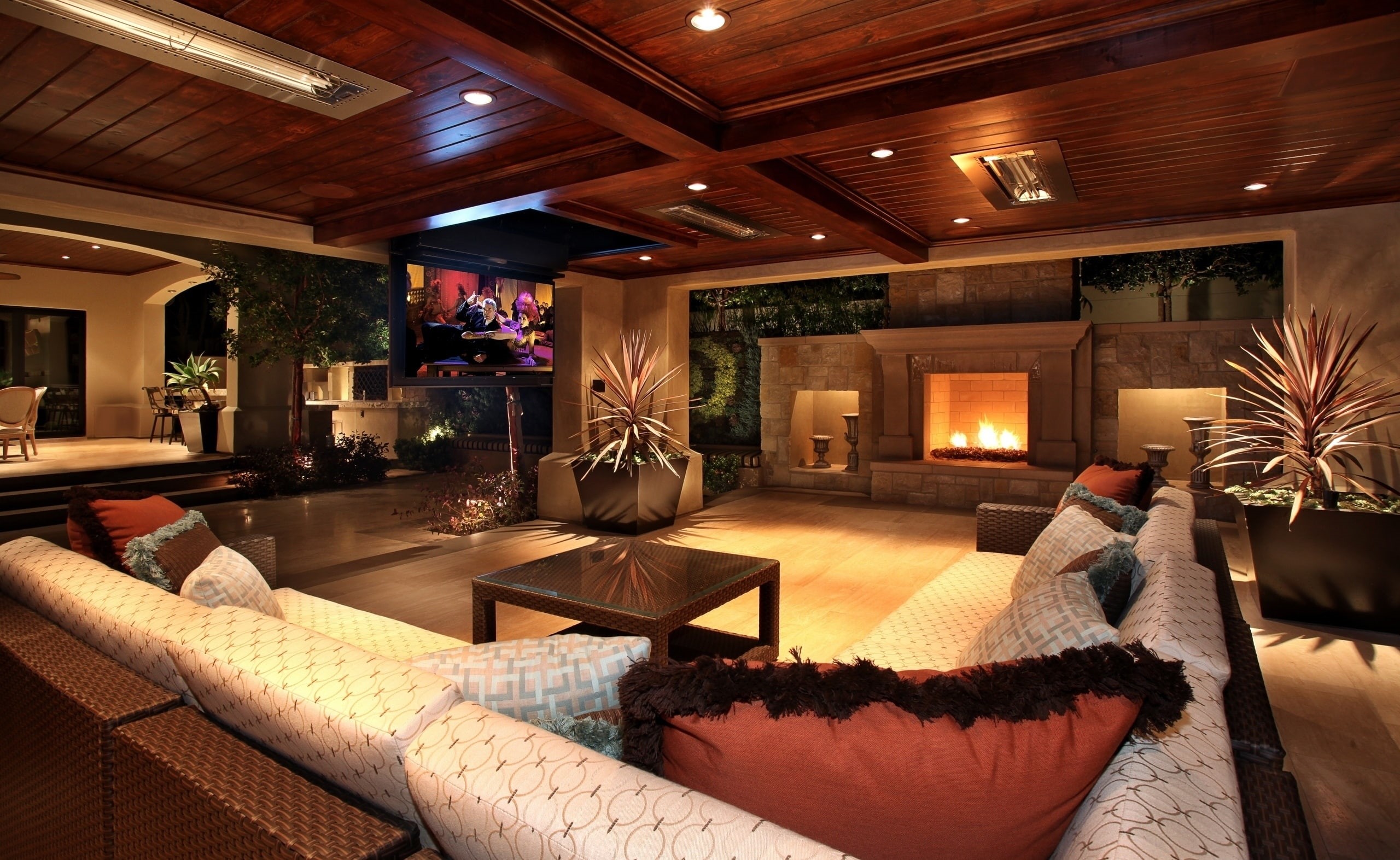 ceiling, Interior, Luxury, domestic room, sofa, wealth, roof beam, 2K, no people, modern, lighting equipment, coffee, comfortable, Architecture, brown, HD Wallpaper