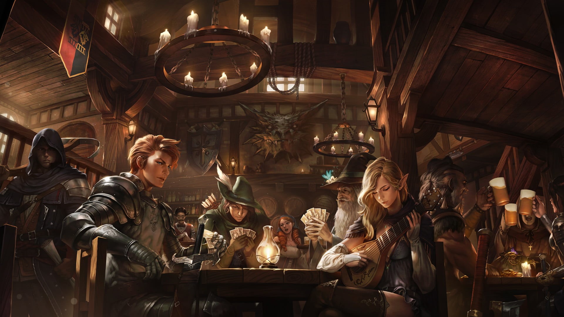 tavern, men, group of people, sitting, illuminated, lighting equipment, food and drink, electric lamp, restaurant, adult, candles, people, women, glass, HD Wallpaper
