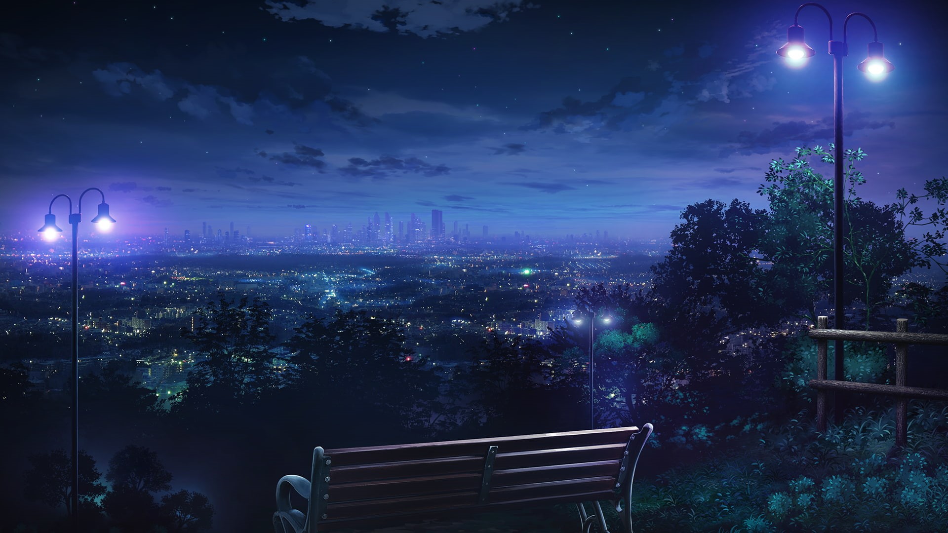 lantern, sky, city lights, cityscape, anime, night, 1080P, bench, HD Wallpaper