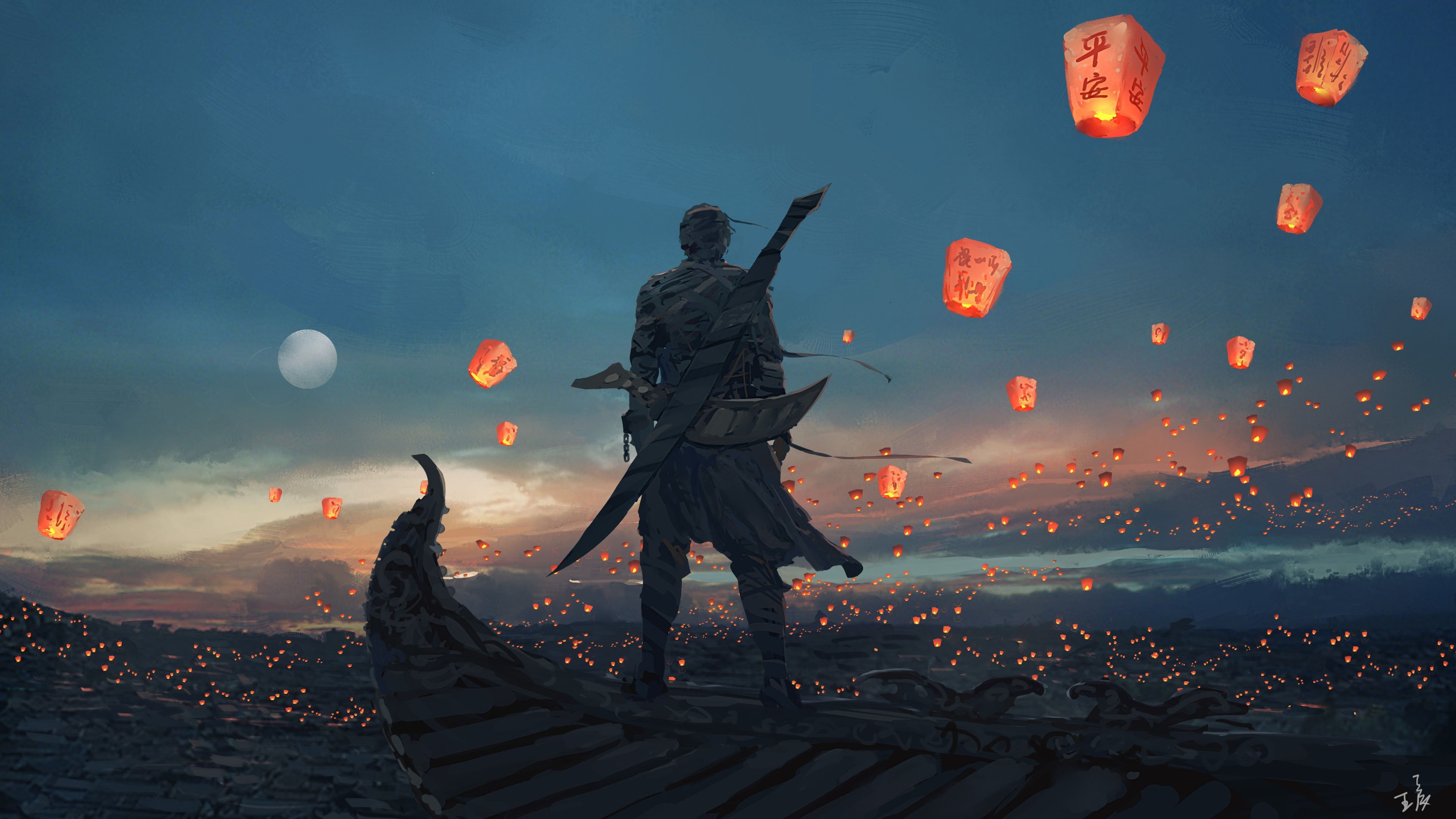 Sky, Moon, Art, The sky, Sword, The moon, Chinese lanterns, Man, WLOP, 4K, Figure, Artist, Male, HD Wallpaper