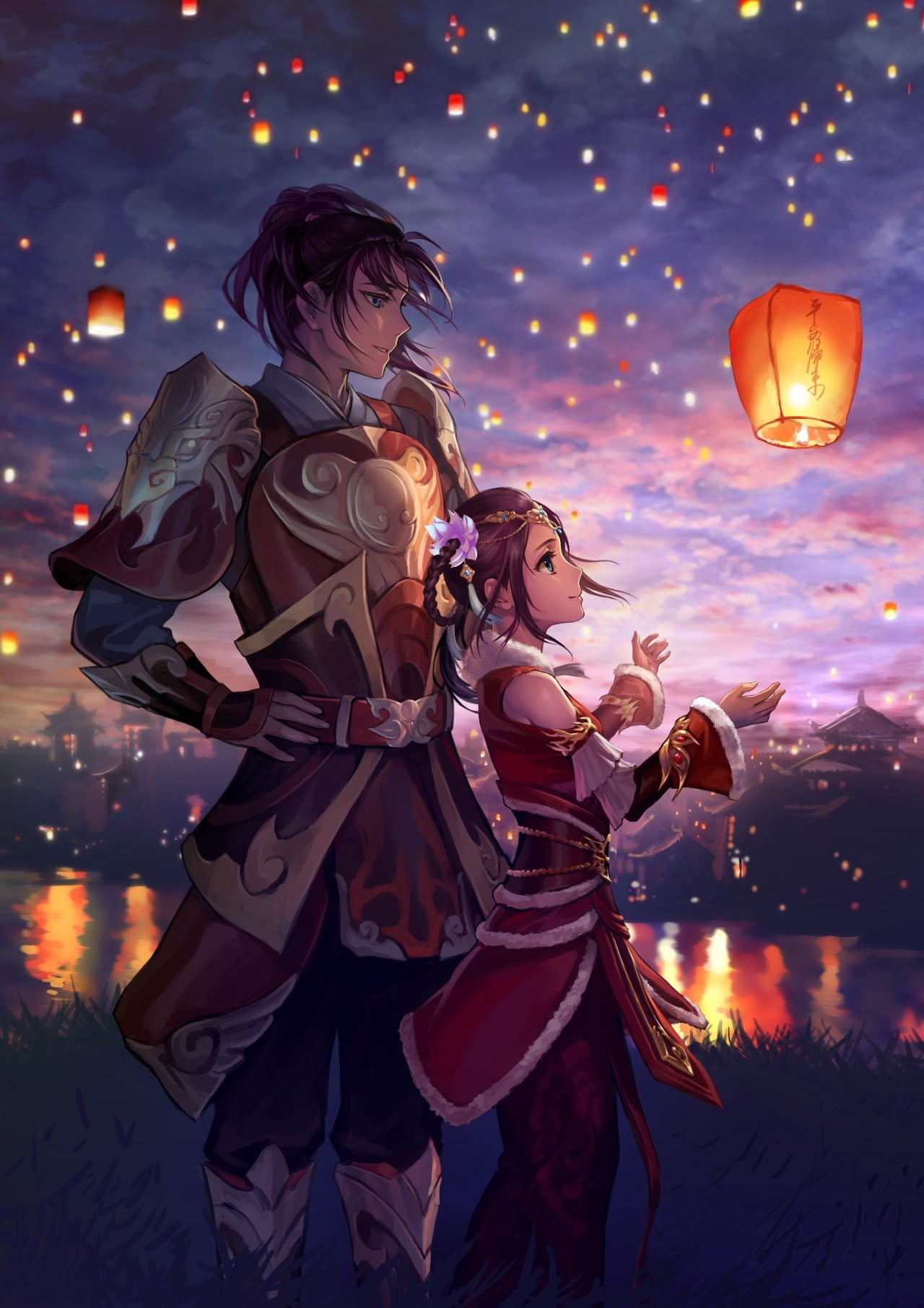 two people, character, illuminated, offspring, lantern, lanterns, adult, positive emotion, anime, female, women, lights, family, night, females, couple - relationship, Phone HD Wallpaper