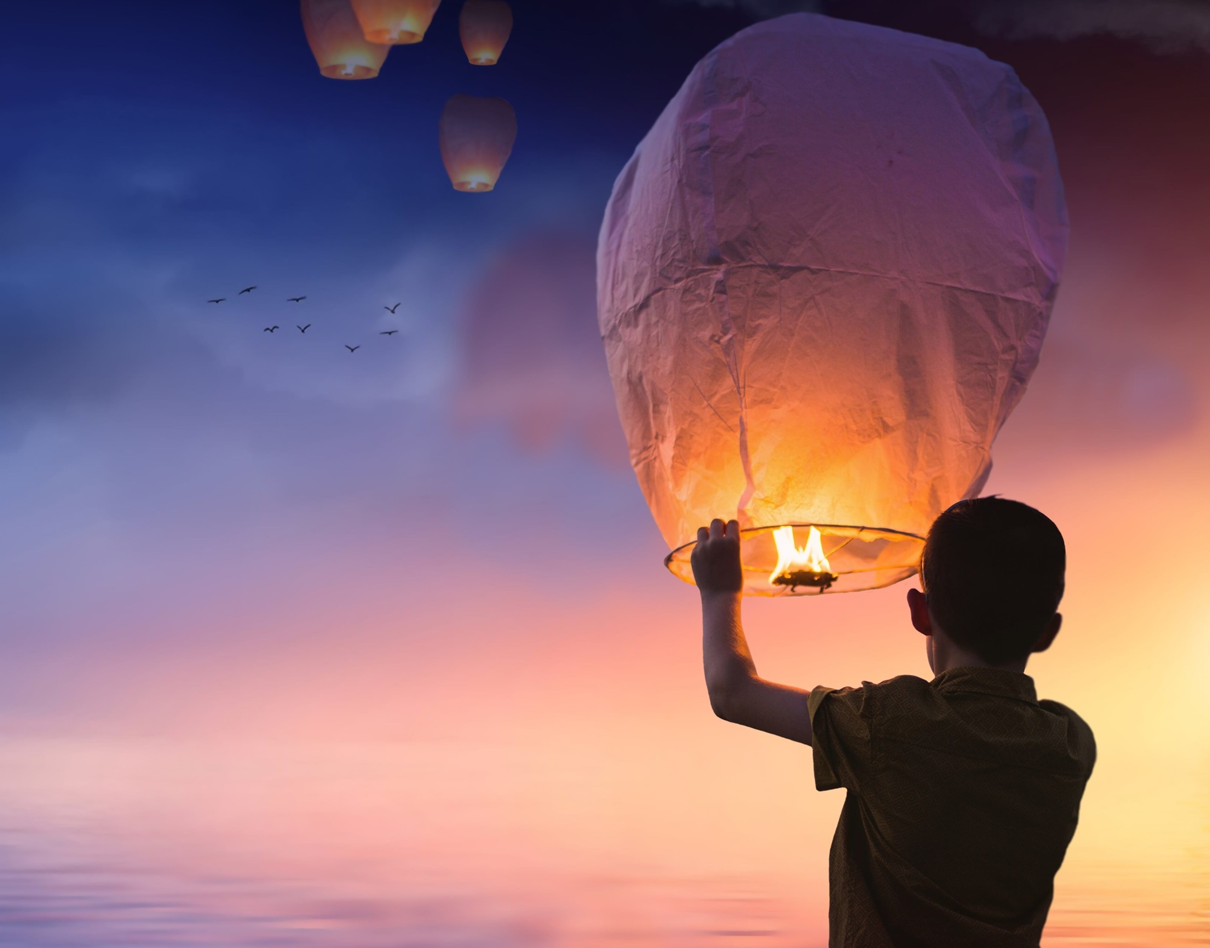 lantern festival, setting sun, orange color, flock of birds, boy, rear view, one person, lampion, greeting card, standing, light, balloon, evening, bird, HD Wallpaper