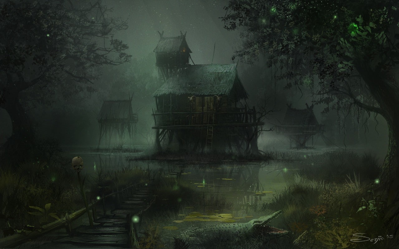 watermarked, 720P, digital art, swamp, dark, HD Wallpaper