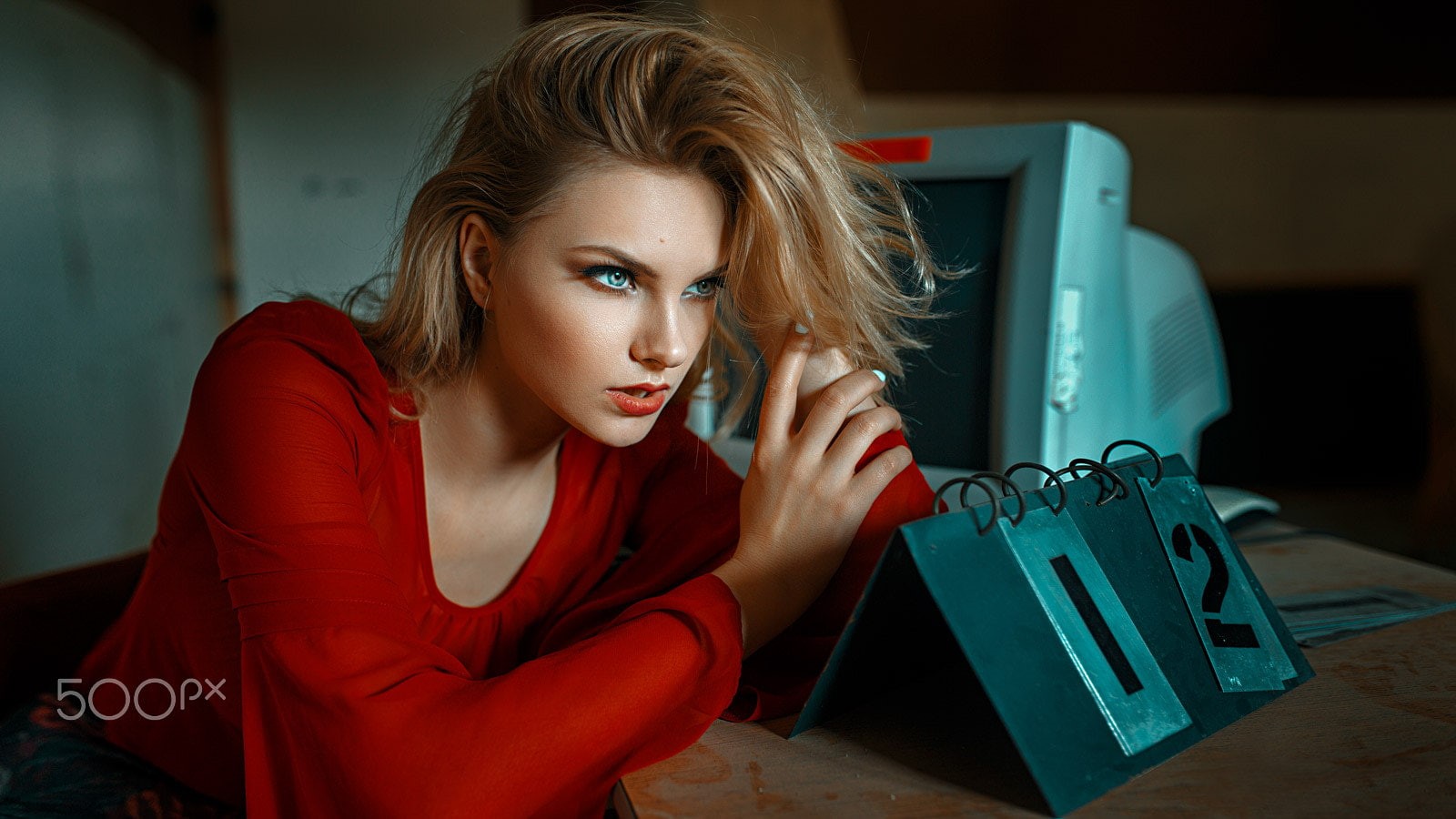 hairstyle, beautiful woman, red, blonde, lifestyles, frustration, beautiful people, red shirt, blond hair, beauty, Damian Piórko, young women, emotion, HD Wallpaper