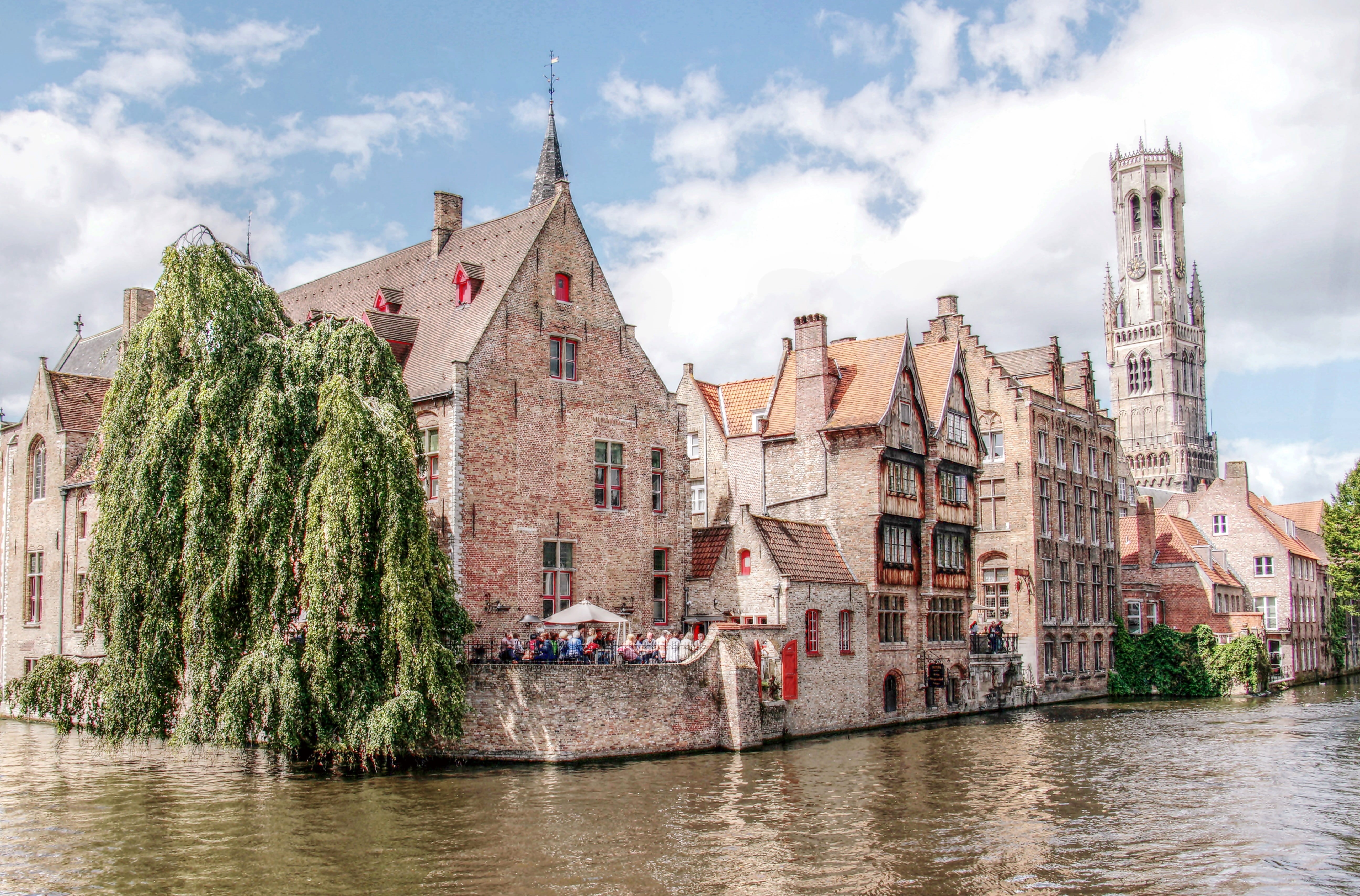 residential district, tree, city view, romance, stone wall, cultural monument, summer, belfry, tourism, river, bridge, 5K, bruges, nature, places of interest, HD Wallpaper