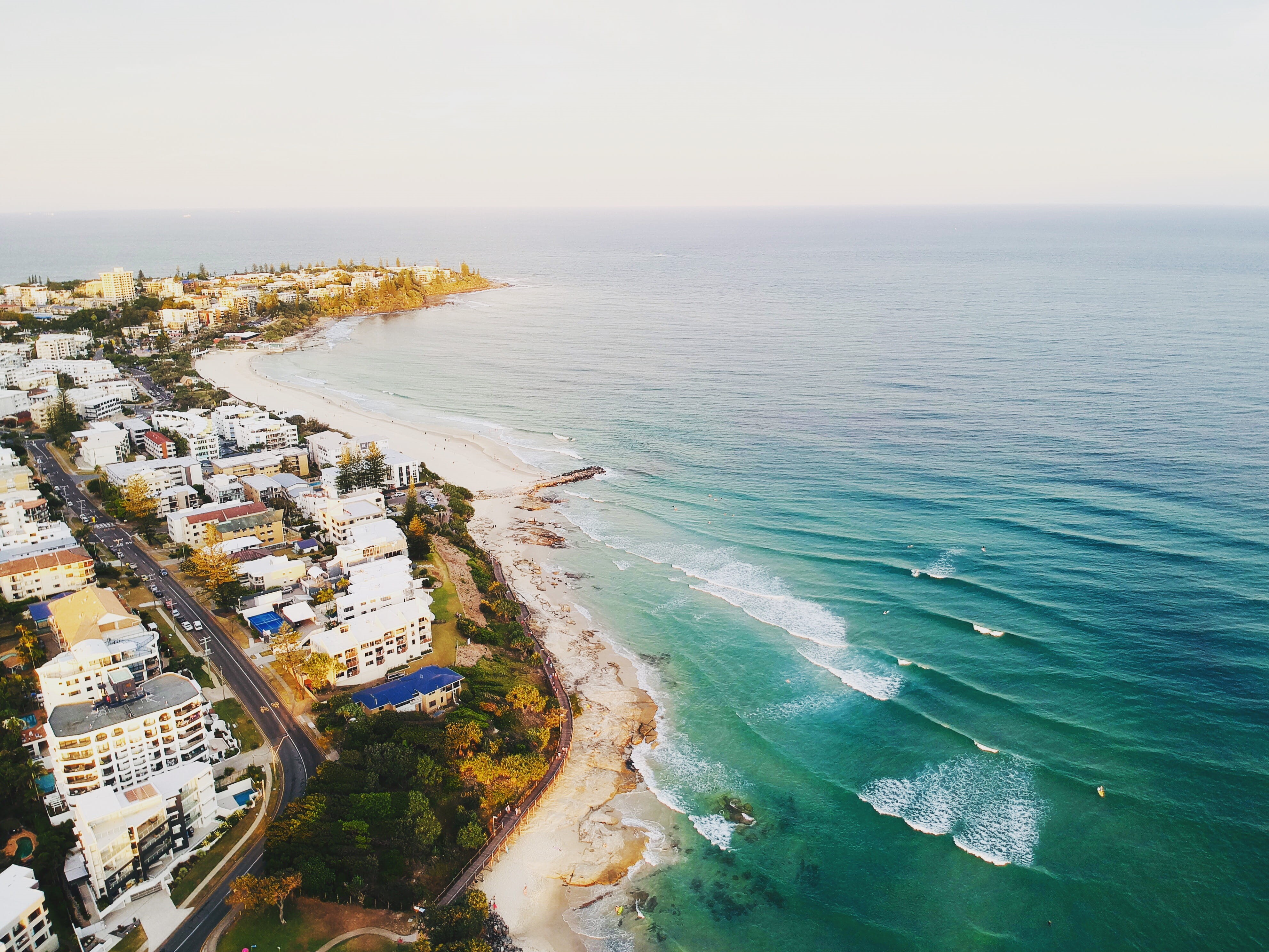 horizon, bay, outdoors, water, aerial view, cars, day, seashore, building, sun, roads, city, summer, beauty in nature, waves, 4K, painting, sky, land, HD Wallpaper