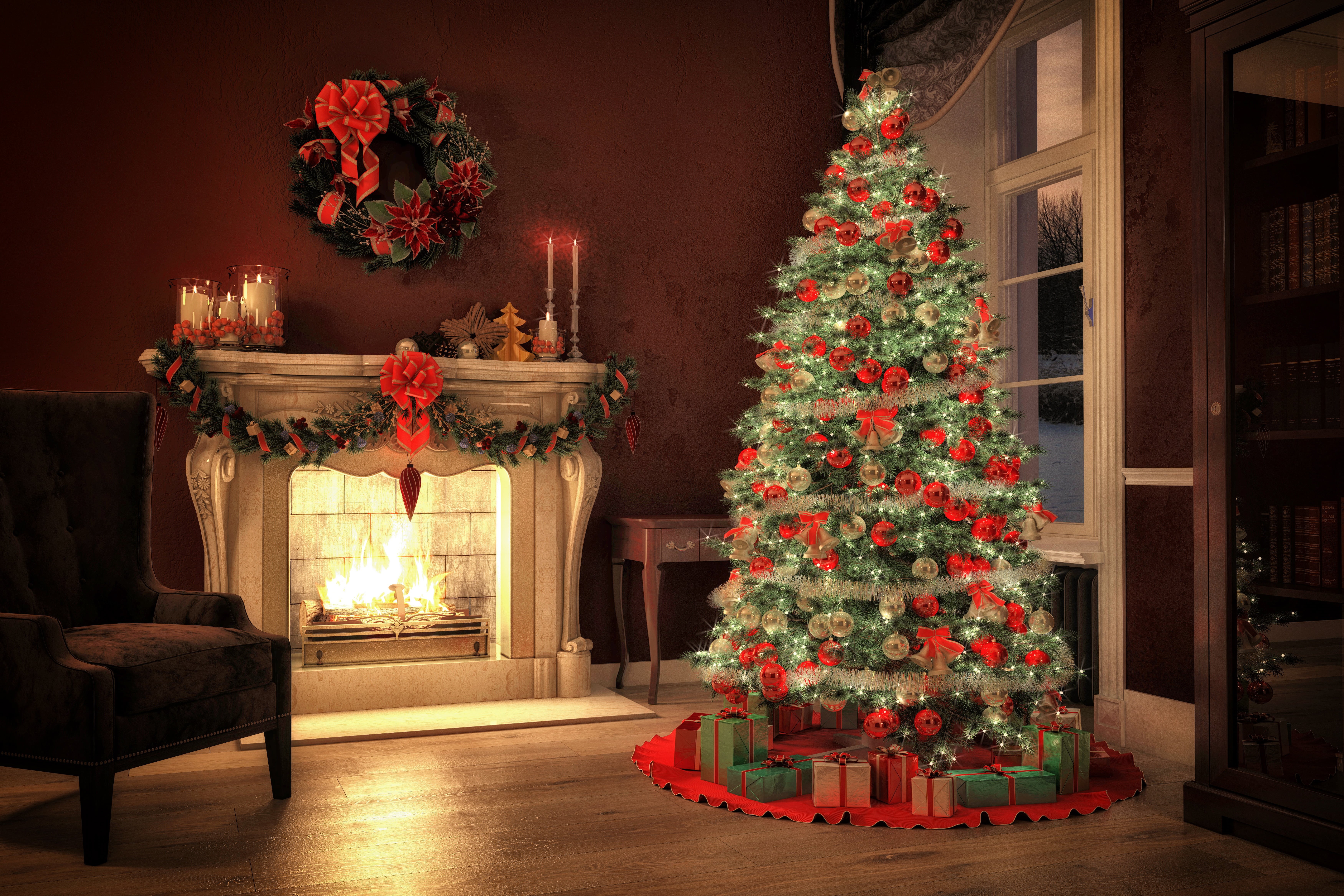 year, gold Colored, tree, living Room, Christmas, home, night, mantelpiece, holiday - event, house, holiday celebration, fire - Natural Phenomenon, 5K, HD Wallpaper