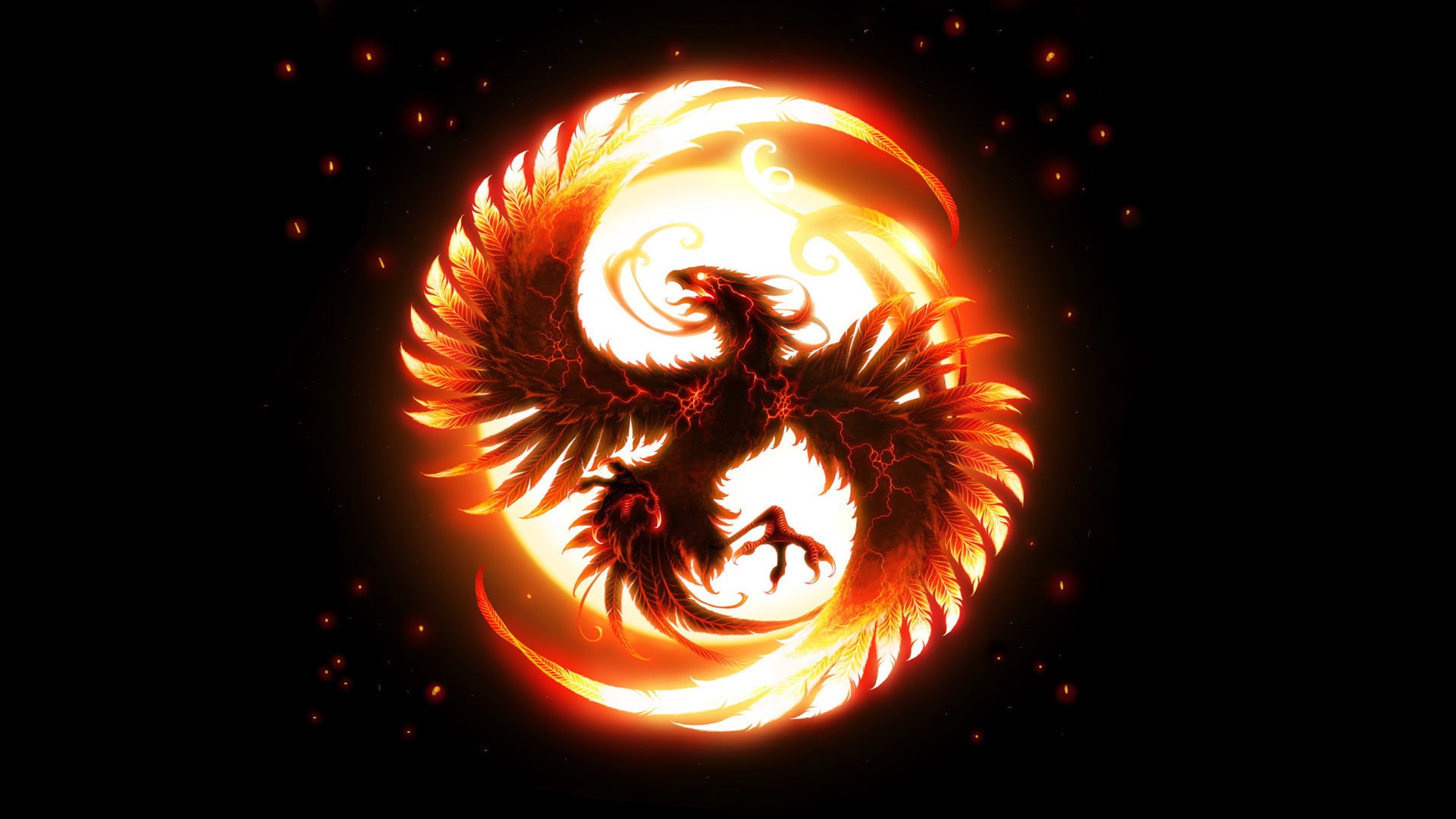 creativity, black, glowing, fire, shape, red, power, bird, night, nature, no people, light - Natural Phenomenon, Phoenix, backgrounds, wings, black background, HD Wallpaper