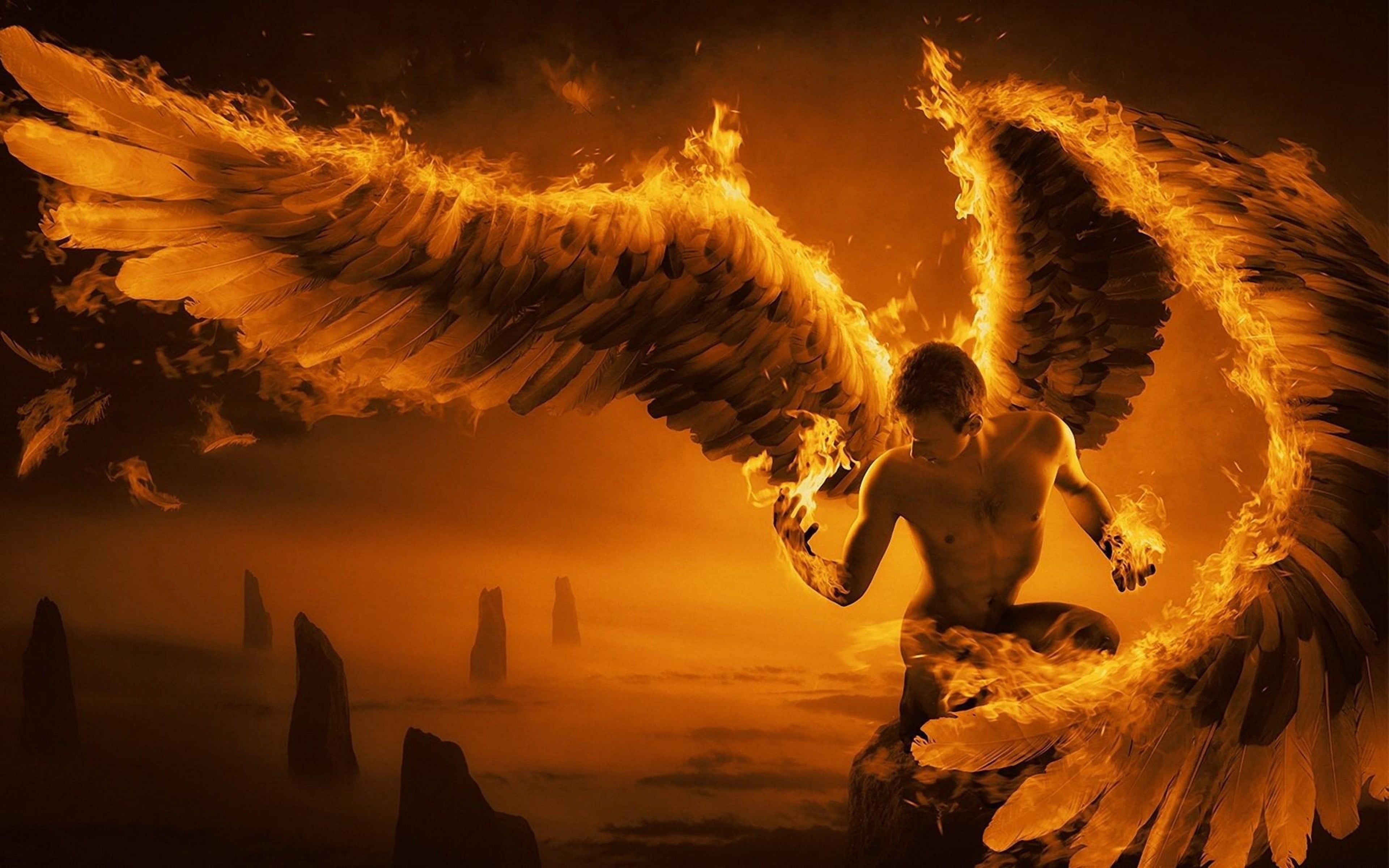 4K, architecture, water, no people, beauty in nature, angel, man, fire man, firework, wings, event, outdoors, digital composite, firework display, cloud - sky, HD Wallpaper