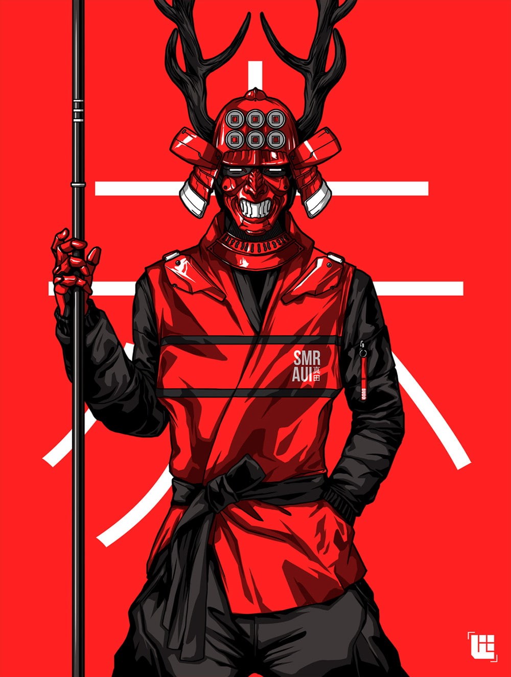 communication, clothing, looking at camera, red background, staff, red, studio shot, men, 720P, knife - weapon, anger, aggression, samurai, emotion, one person, Phone HD Wallpaper