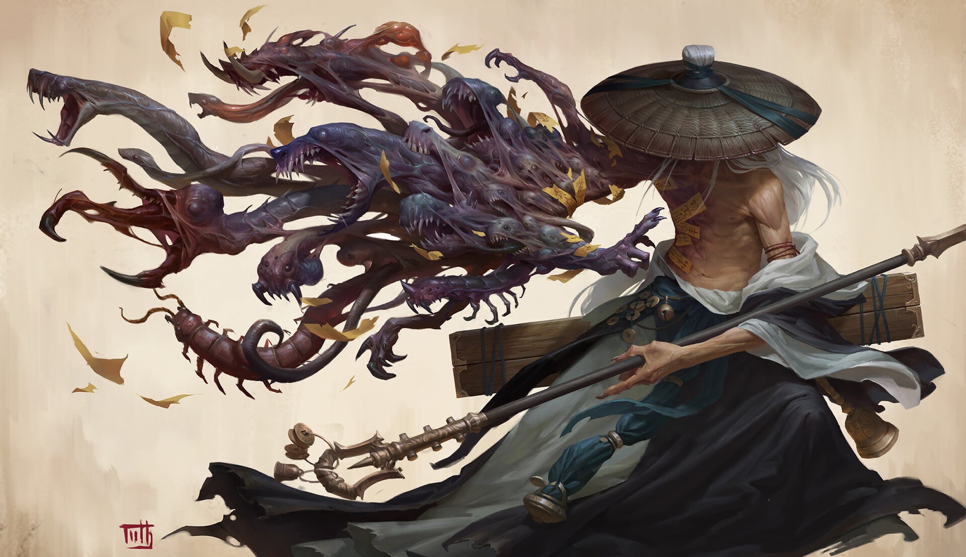 skinny, Fantasy Men, digital art, shirtless, staff, concept art, 2D, hat, artwork, fantasy art, creature, monks, fangs, simple background, drawing, bell, HD Wallpaper