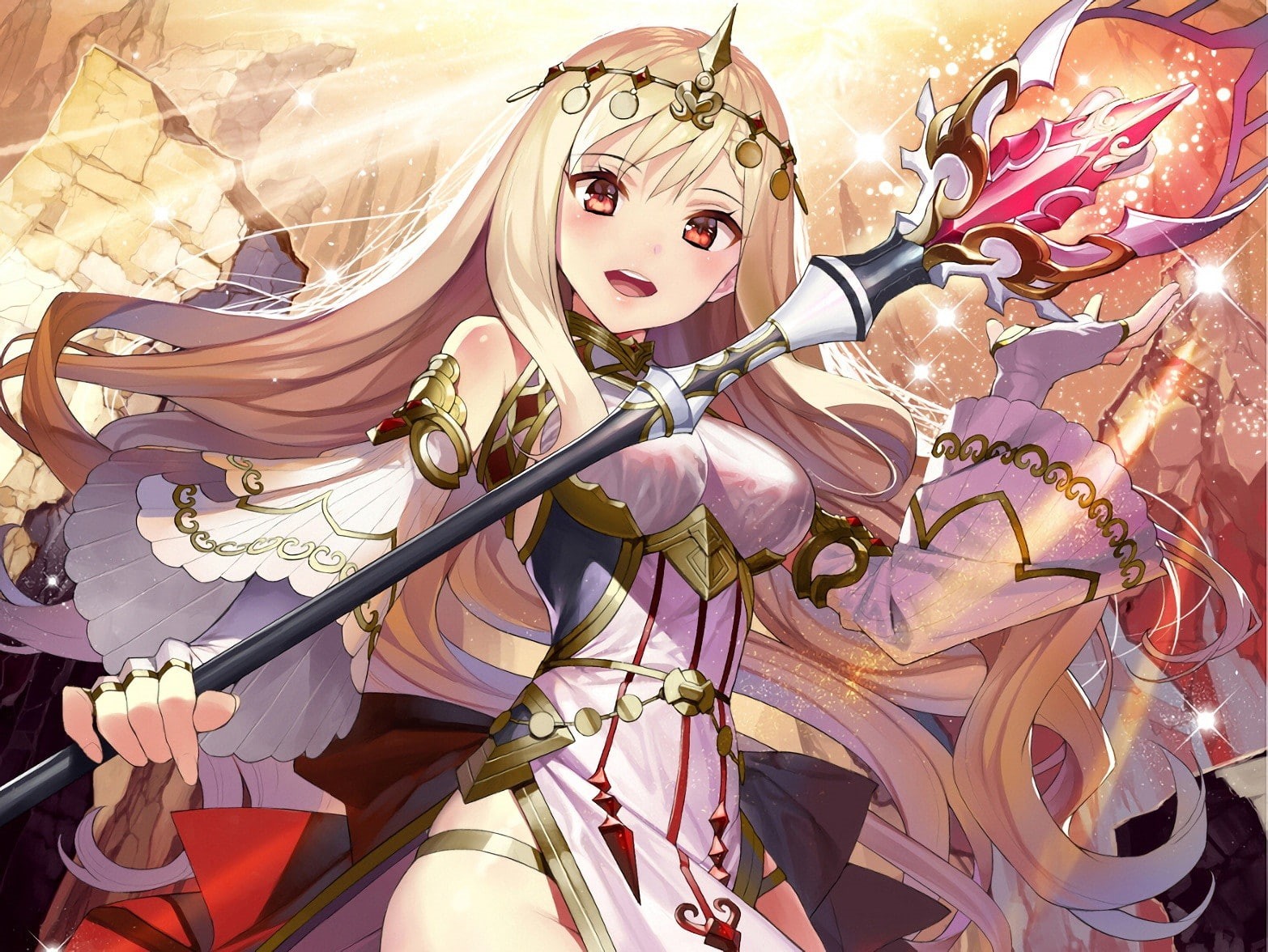 720P, anime, staff, blonde, dress, long hair, anime girls, headdress, red eyes, HD Wallpaper