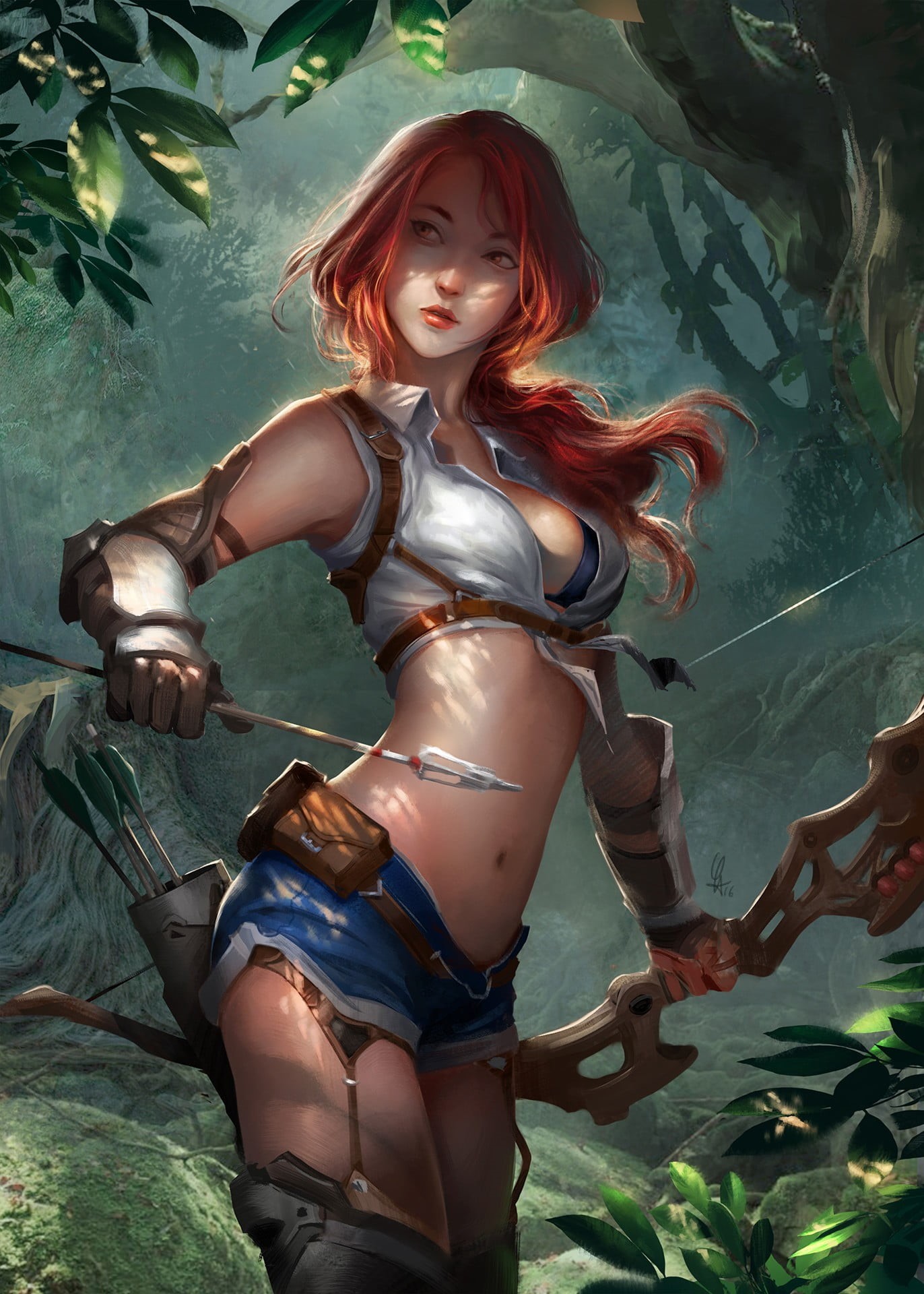 fantasy art, character, beauty, leaf, nature, redhead, adult, 1080P, plant, hairstyle, archer, three quarter length, hair, anime, young adult, women, gold colored, Phone HD Wallpaper
