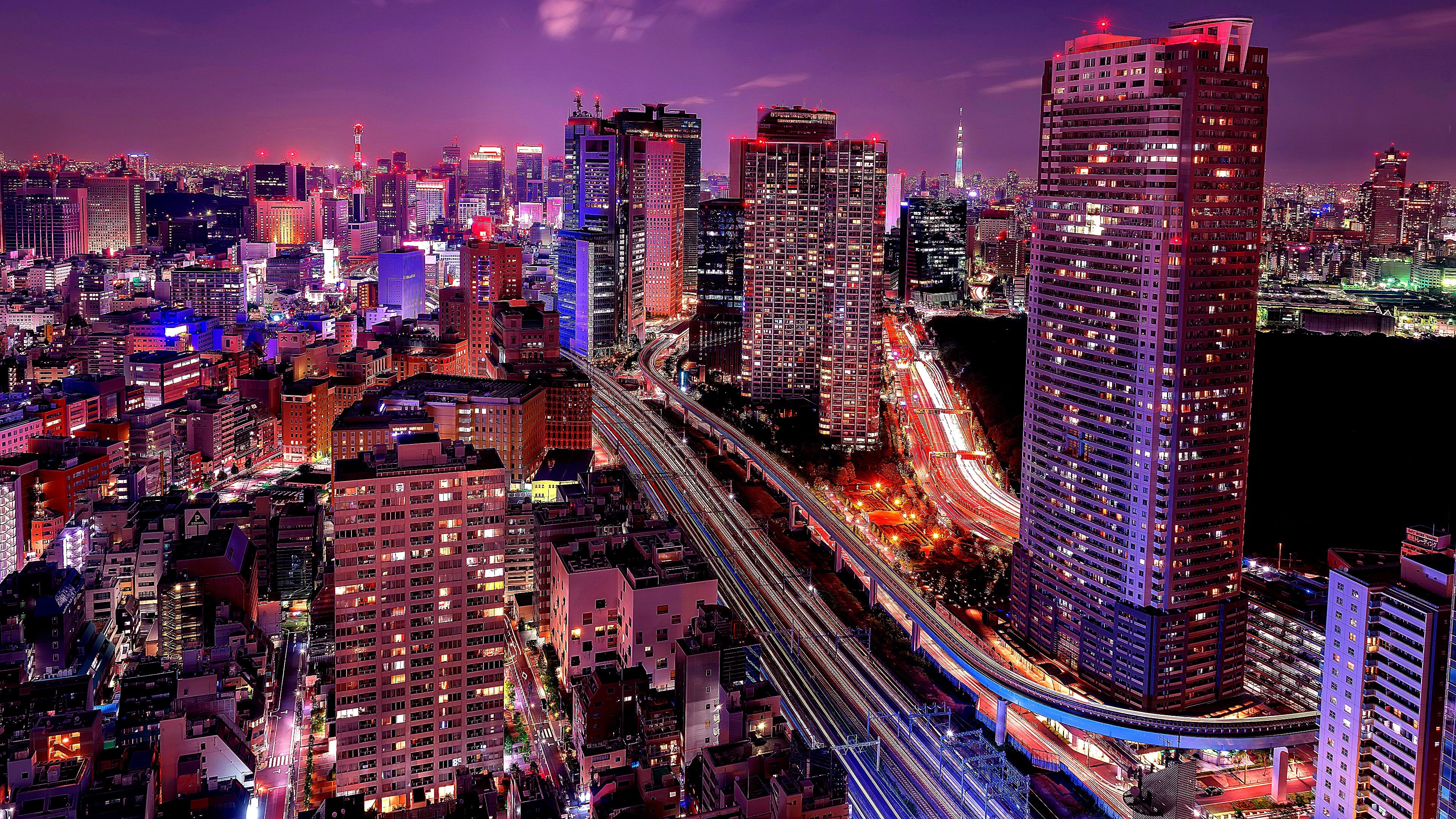 metropolis, purple night, skyscraper, shiodome, light trails, purple sky, cityscape, photography, city, shiodome city center, tower, asia, japan, 4K, landmark, HD Wallpaper