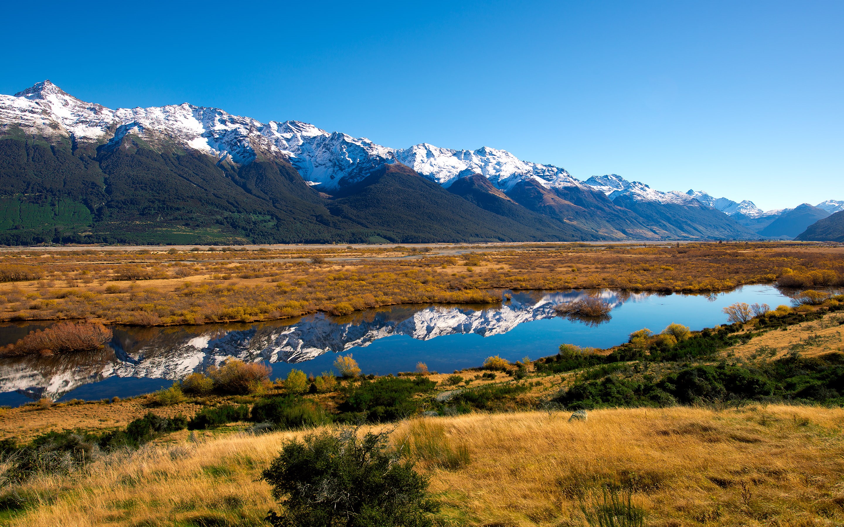 mountain, blue, brown, reflections, sky, tranquility, landscape, rivendell, no people, water, coniferous tree, tranquil scene, nature, snowcapped mountain, HD Wallpaper