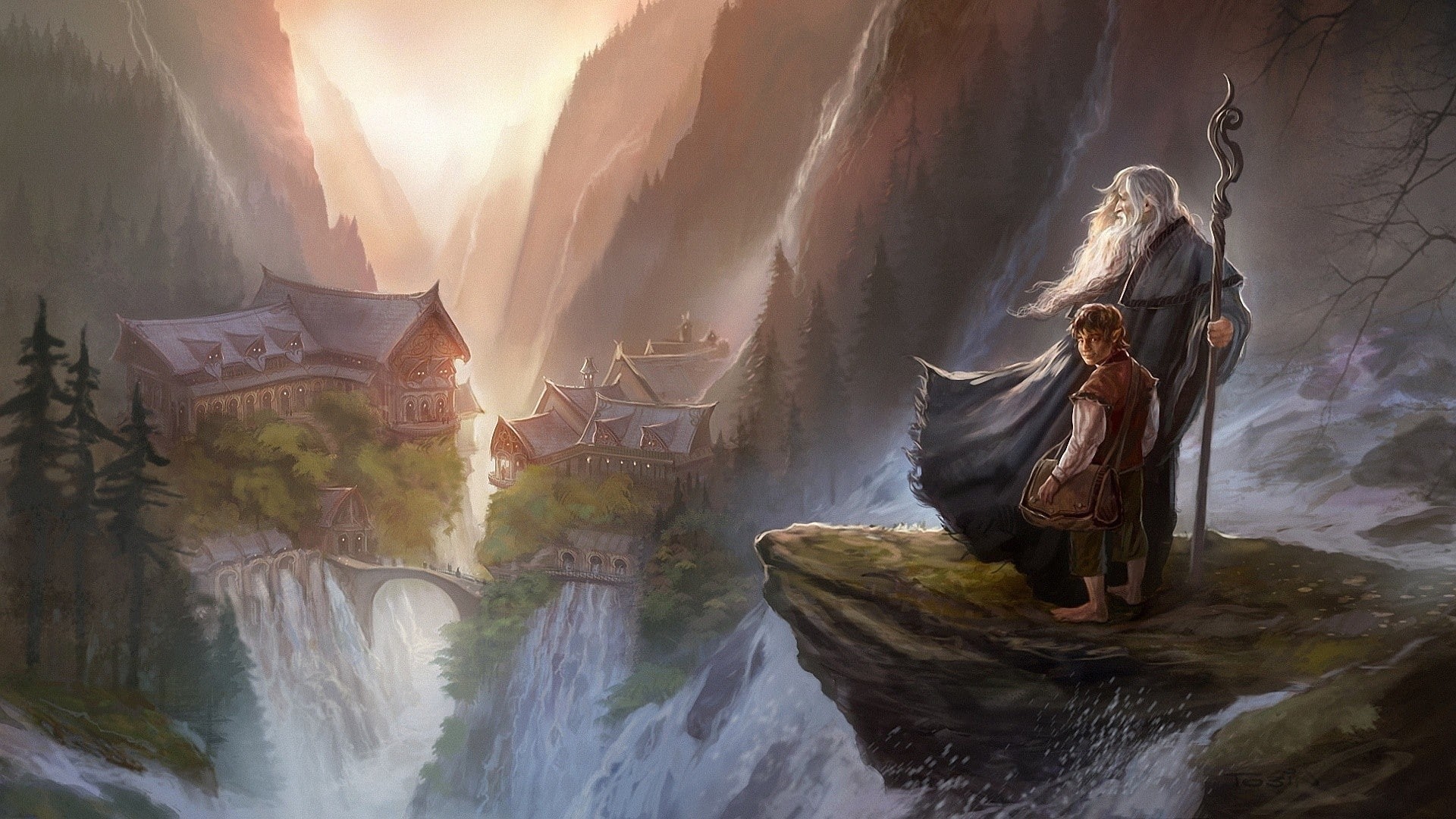 1080P, Rivendell, The Hobbit, The Lord of the Rings, Gandalf, Bilbo Baggins, fantasy art, Imladris, movies, HD Wallpaper