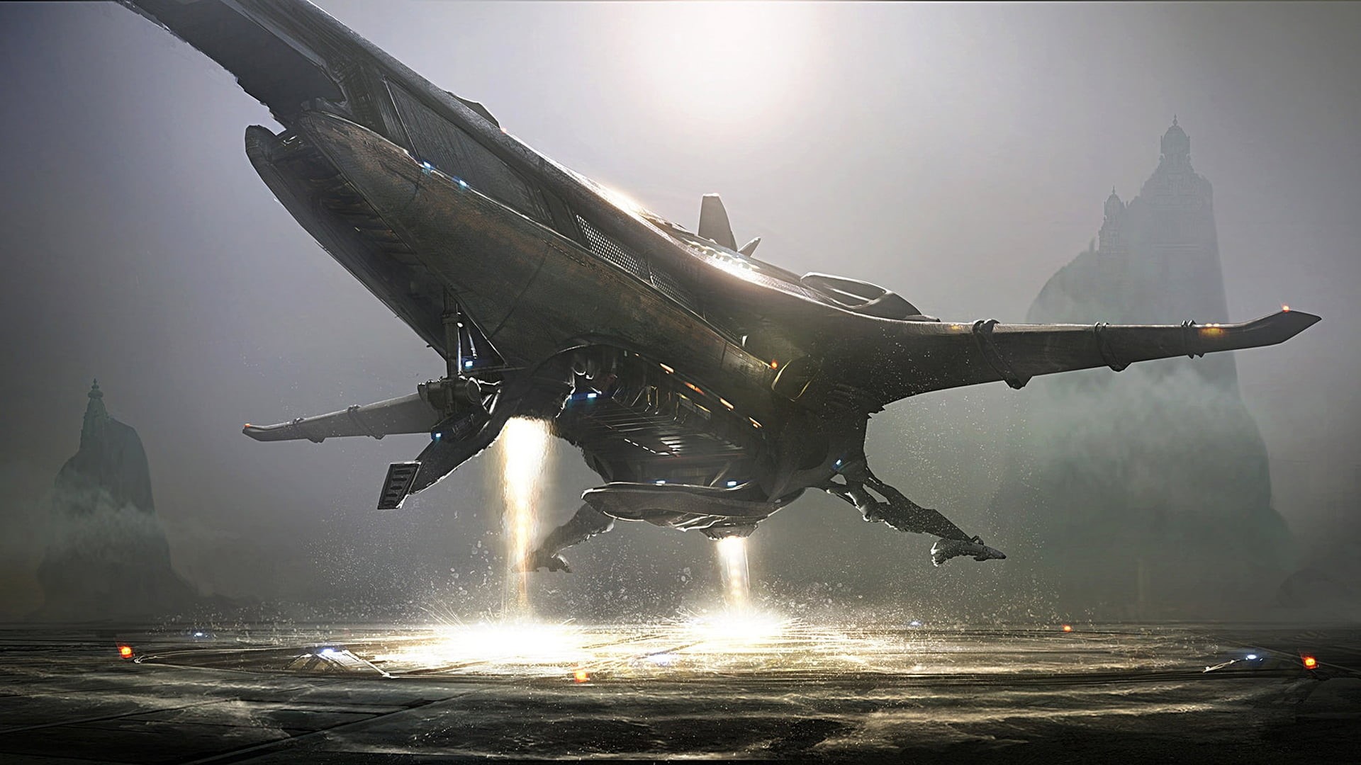 nature, video games, technology, flying, plane, power, water, digital art, craft, space, outdoors, mode of transportation, night, sea, spaceship, HD Wallpaper