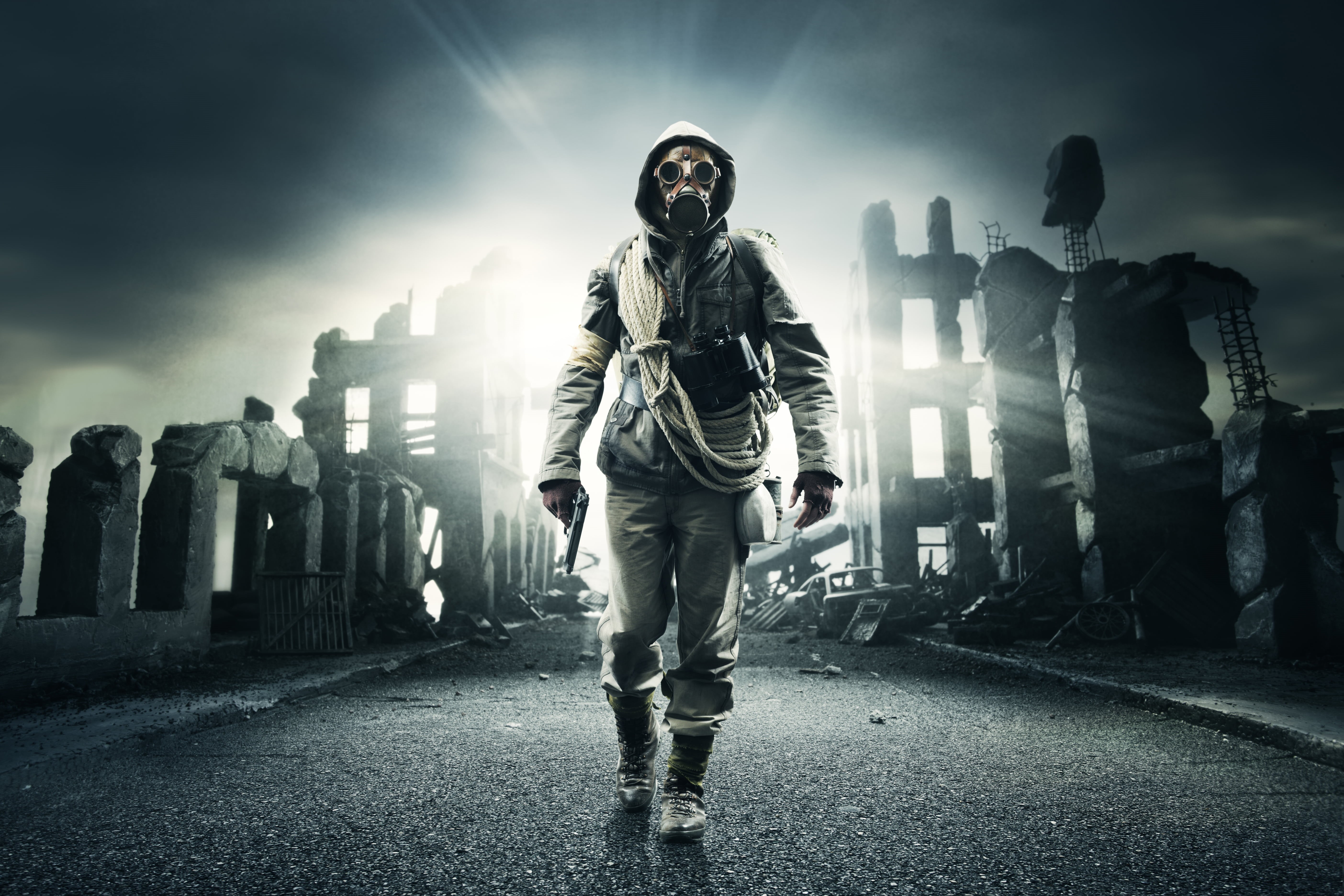 ruins, adult, mask, protective Mask - Workwear, leisure activity, rope, lifestyles, warm clothing, males, dark, standing, fog, men, front view, HD Wallpaper
