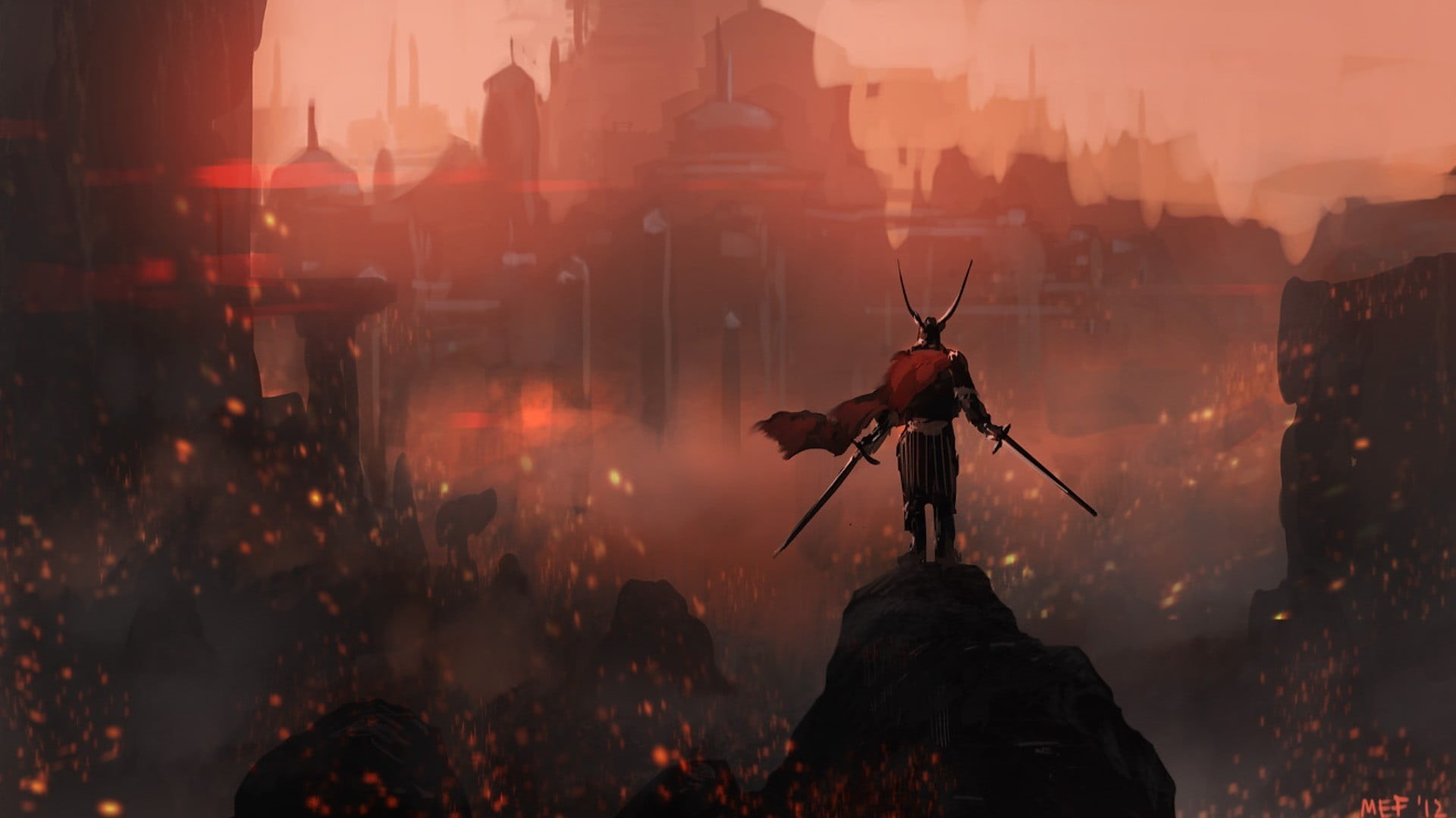 building exterior, landscape, fog, dark, sculpture, fantasy city, government, building, smoke - physical structure, red, statue, art and craft, horror, HD Wallpaper