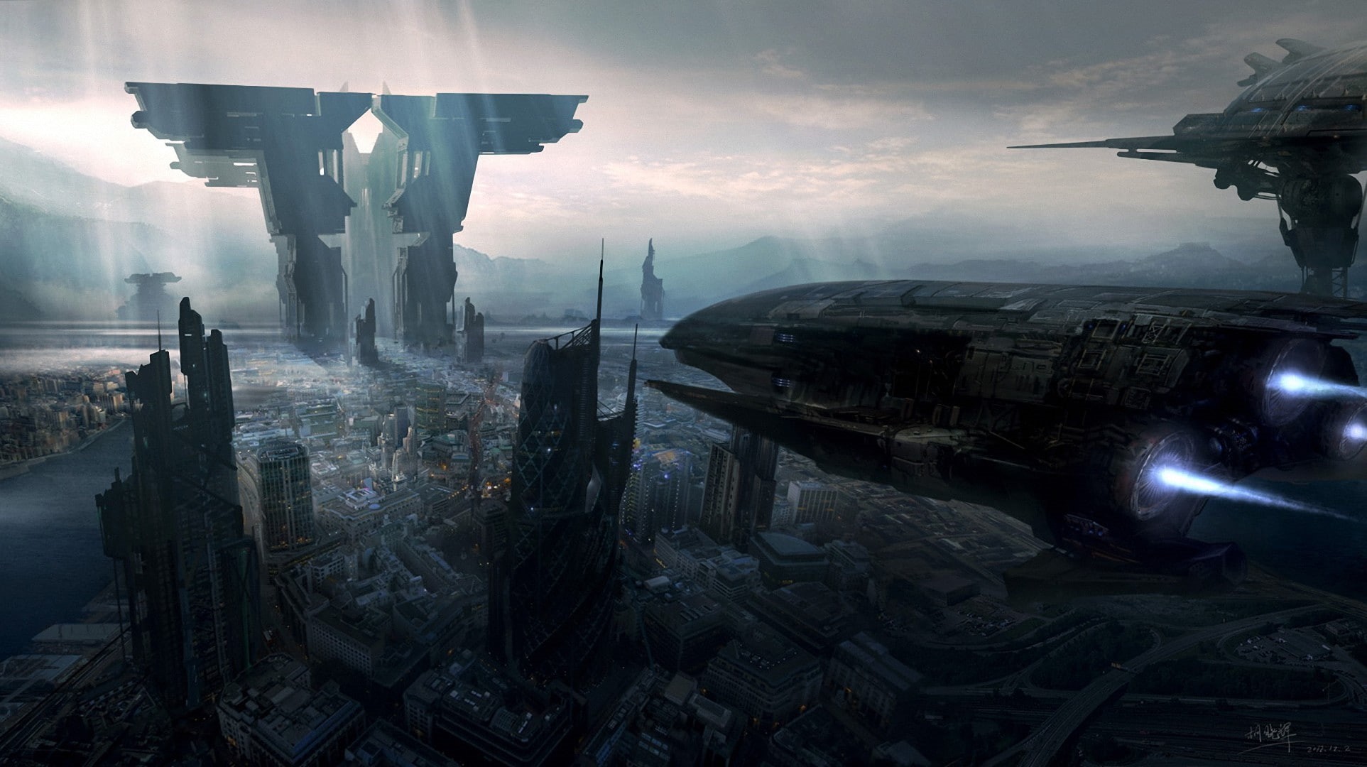 futuristic, 1080P, city, building, nature, spaceship, transportation, built Structure, sunbeam, air Vehicle, mode of transportation, skyscraper, tower, HD Wallpaper