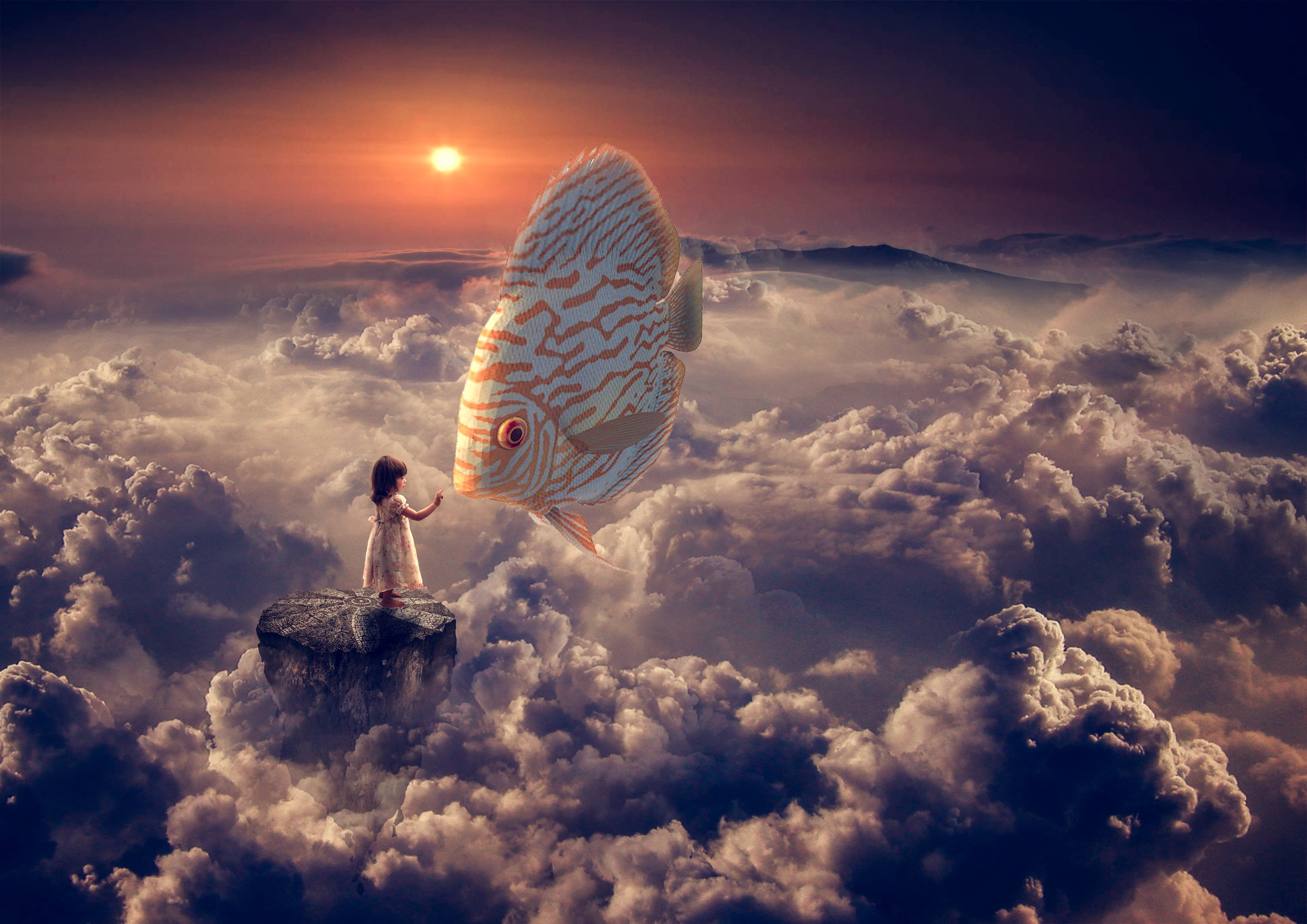 nature, flat, alien, warning sign, heaven, religion, ideas, girl, clouds, space, orange, sunlight, fish, cloud - Sky, dreamlike, spirituality, 4K, day, HD Wallpaper
