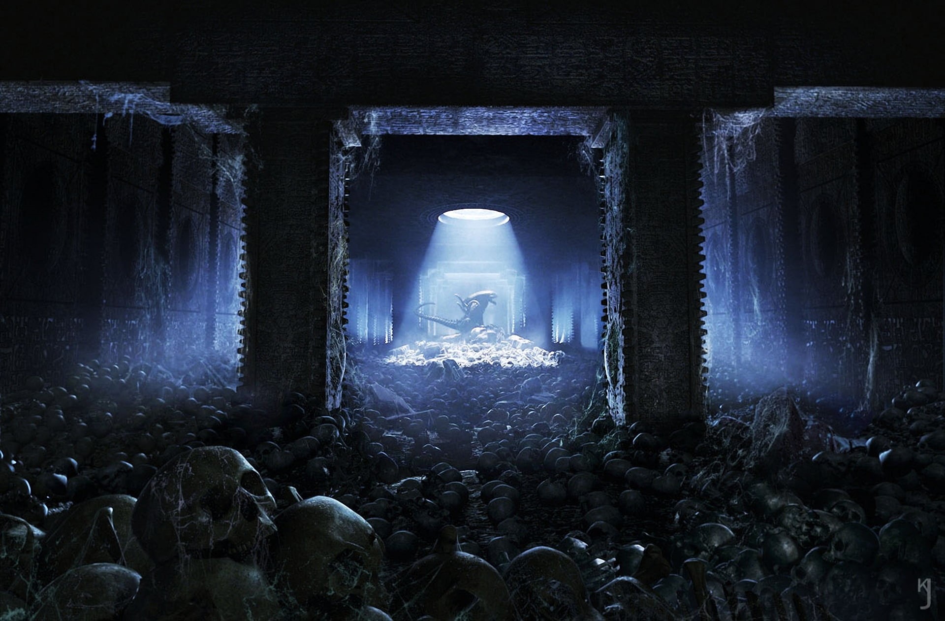 religion, art, illustration, mystery, dark, glowing, Alien vs Predator, light - Natural Phenomenon, indoors, kev jenkins, spirituality, abandonment, illuminated, HD Wallpaper