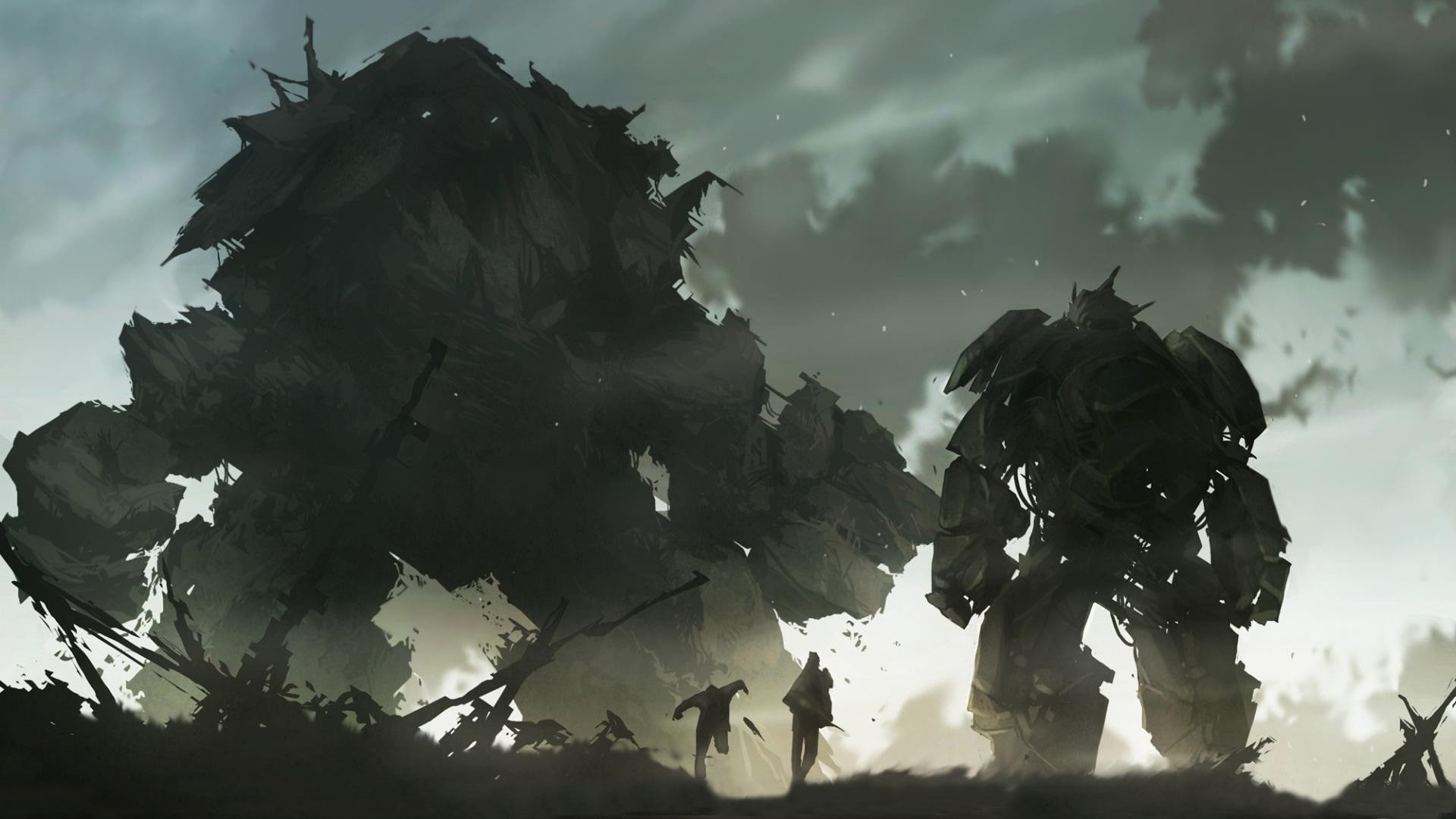 day, fantasy art, low angle view, men, government, dusk, Shadow of the Colossus, sky, army, cloud - sky, standing, outdoors, silhouette, real people, people, HD Wallpaper