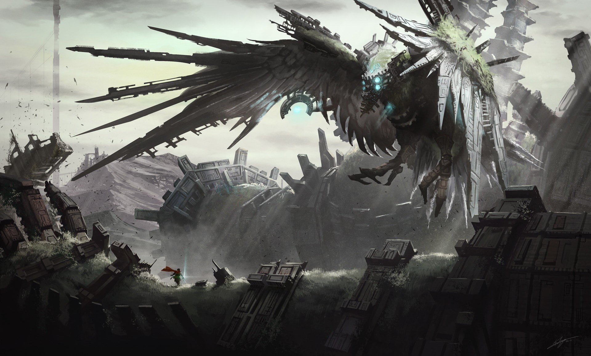 architecture, built structure, incidental people, animal, art and craft, Shadow of the Colossus, animal wildlife, day, flying, tree, video games, animal themes, HD Wallpaper