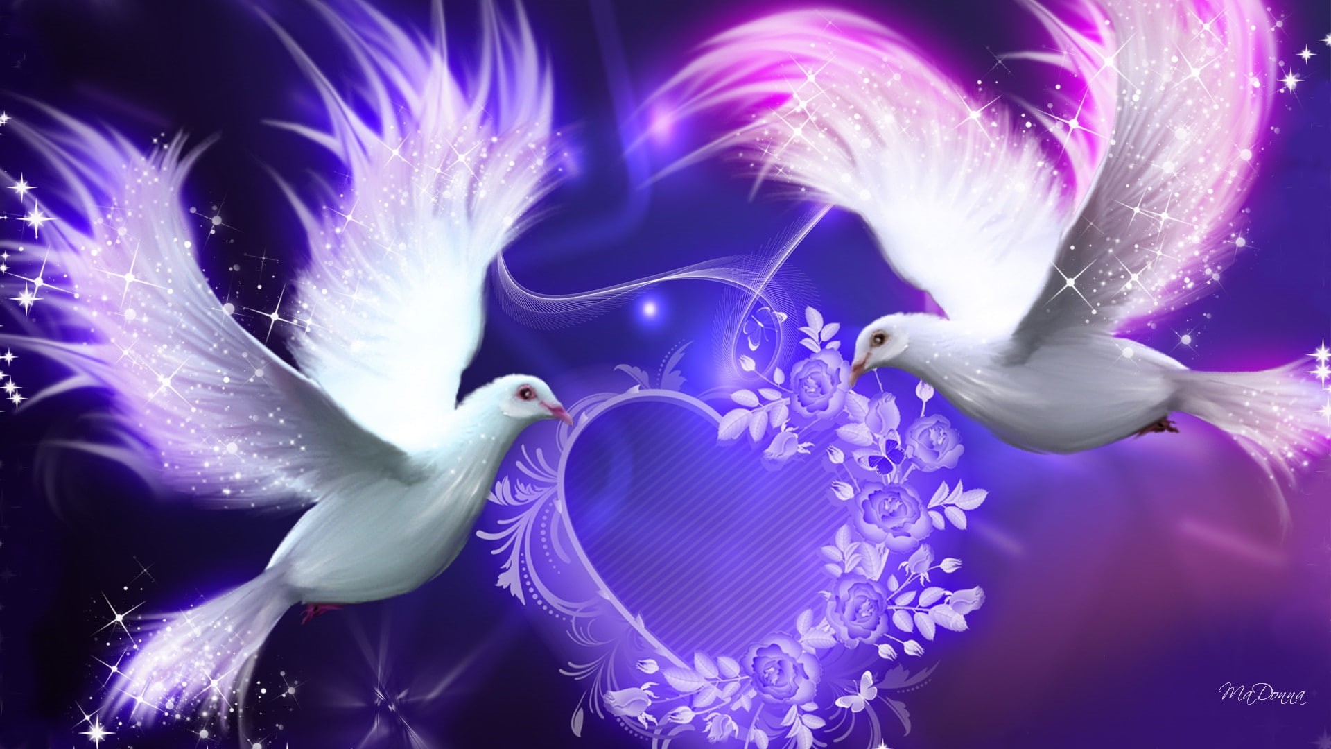 1080P, purple, BIRDS, heart, art, Love, bright, hd, valentine, animals, lavender, doves, HD Wallpaper