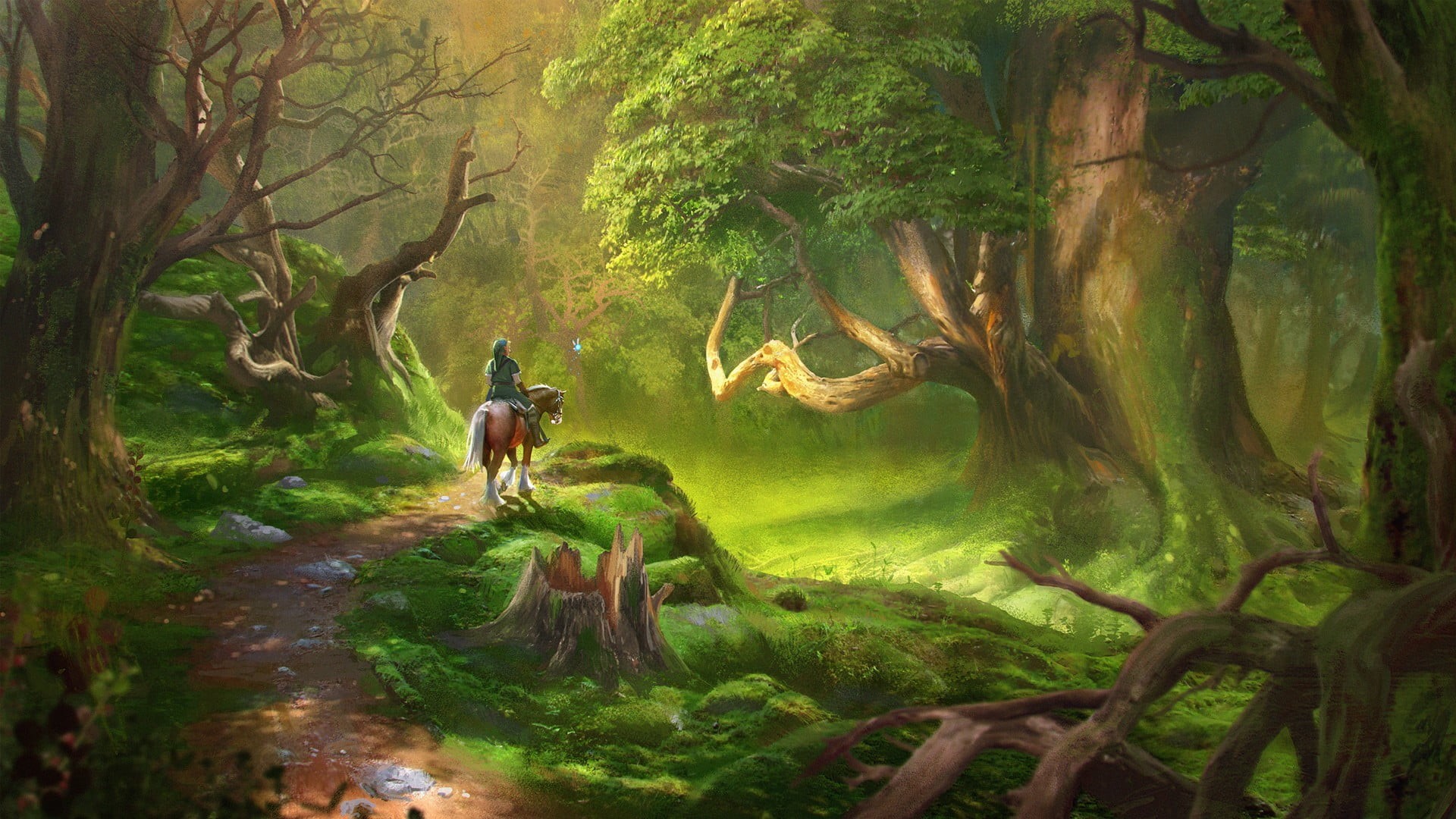day, back, vertebrate, green color, person, video games, trunk, branch, illustration, land, plant, outdoors, riding, beauty in nature, The Legend of Zelda, HD Wallpaper