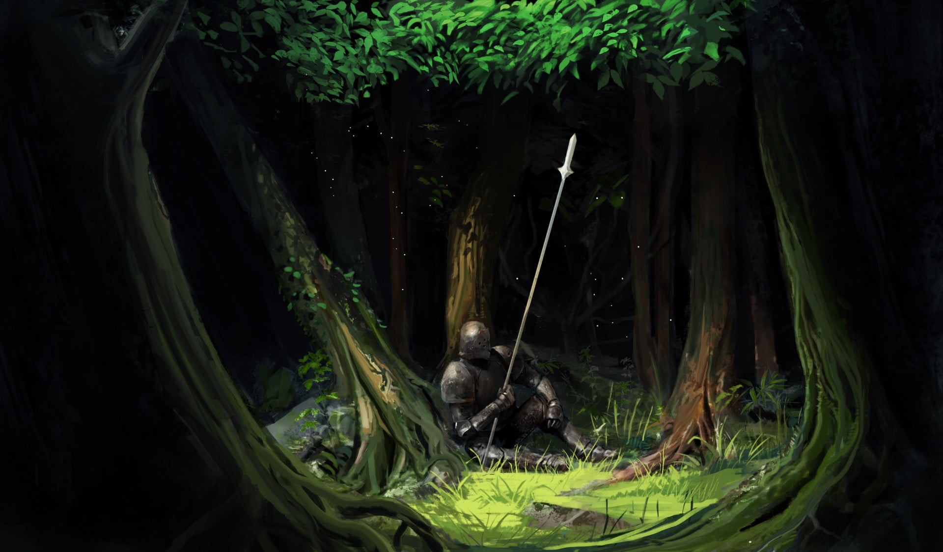 green color, vertebrate, tree, artwork, bird, forest, animals in the wild, 1080P, armour, knight, outdoors, growth, animal, armor, animal wildlife, HD Wallpaper