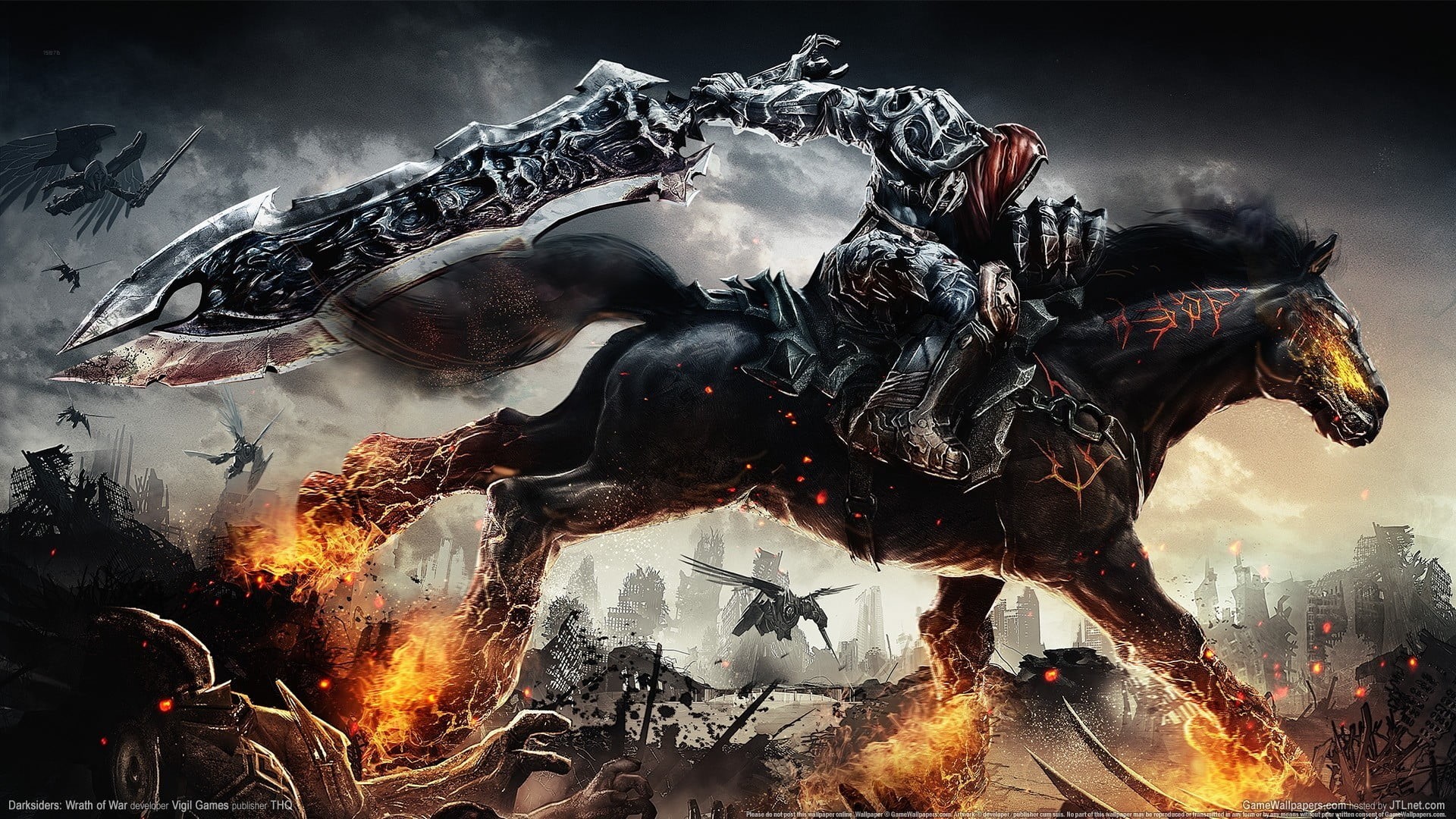 sword, flame, smoke - physical structure, water, horse, day, black color, animal representation, fire, close-up, nature, animal wildlife, dark siders, burning, HD Wallpaper
