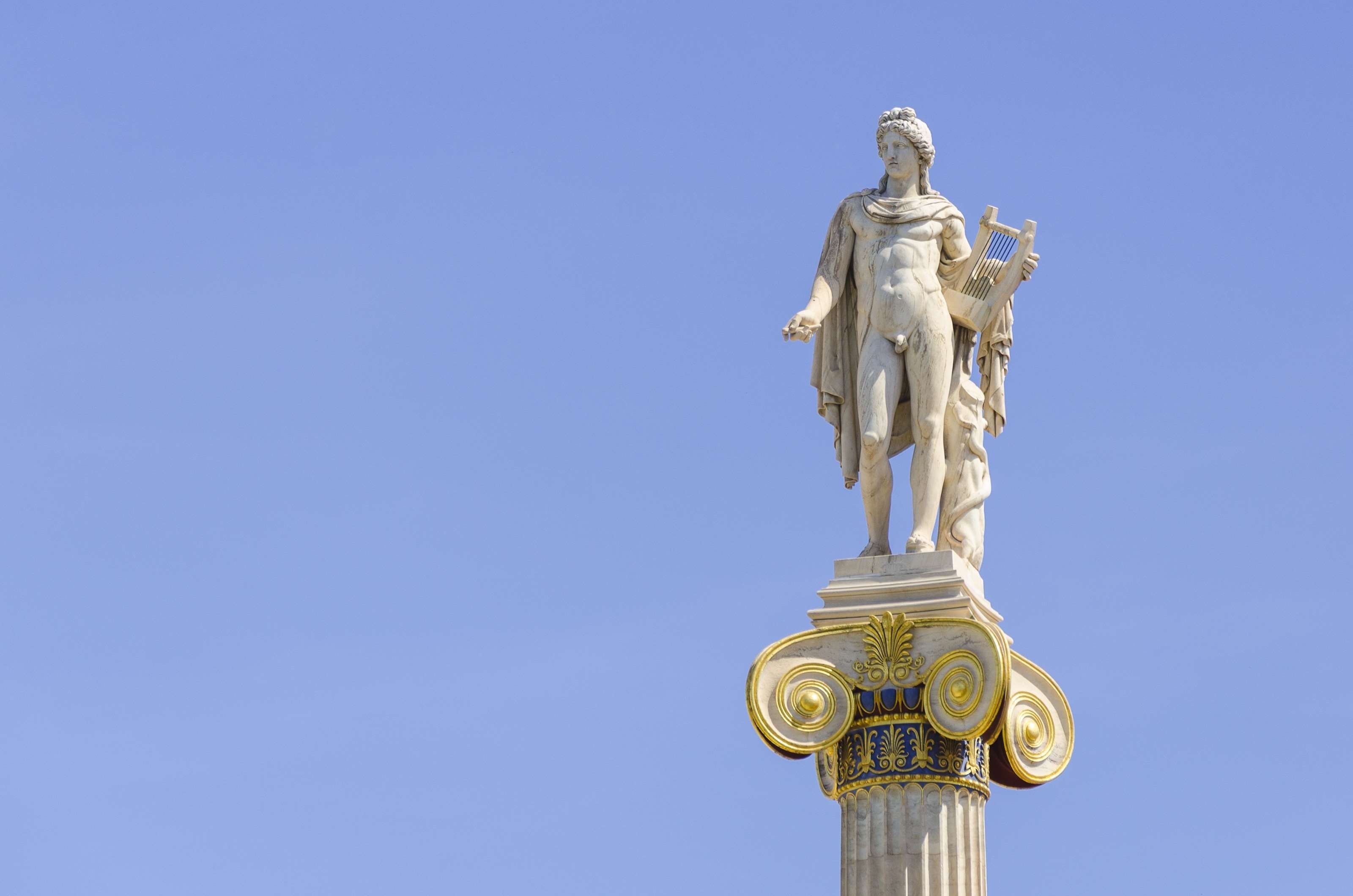 europe, low angle view, statue, female likeness, travel, travel destinations, apollo, creativity, sky, athens, god of music, nature, 2K, sculpture, culture, HD Wallpaper