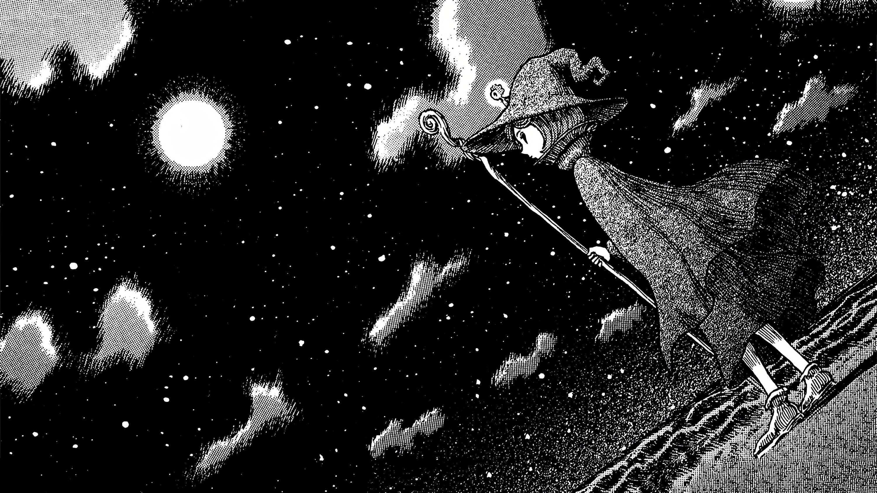 Kentaro Miura, Schierke, starscape, monochrome, Berserk, 2K, HD Wallpaper