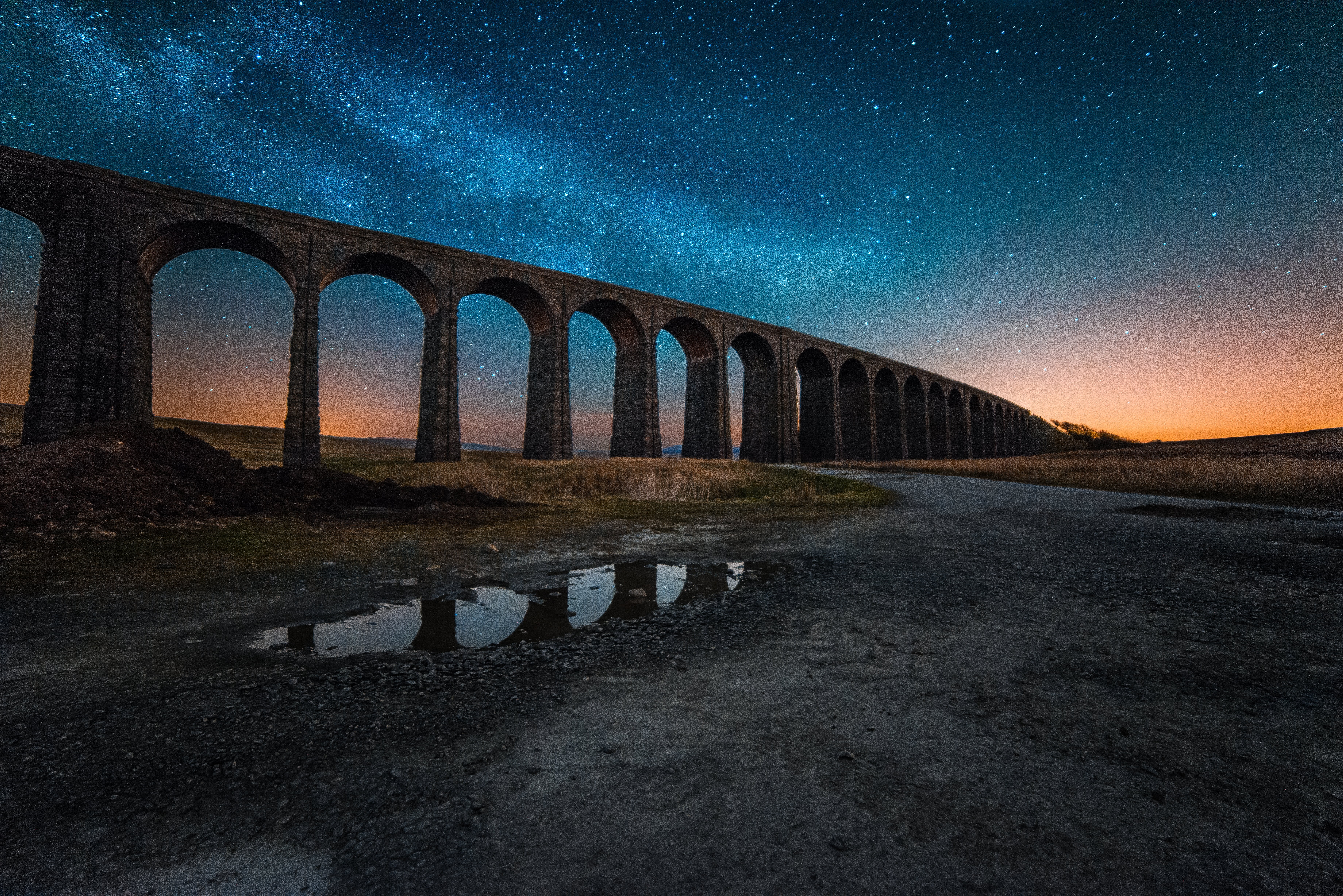 starscape, sky, sunset, night  long, nights, Ribblehead Viaduct, 5K, reflection, landscape, brown, nature, light pollution, blue  orange, ngc, post, england, HD Wallpaper