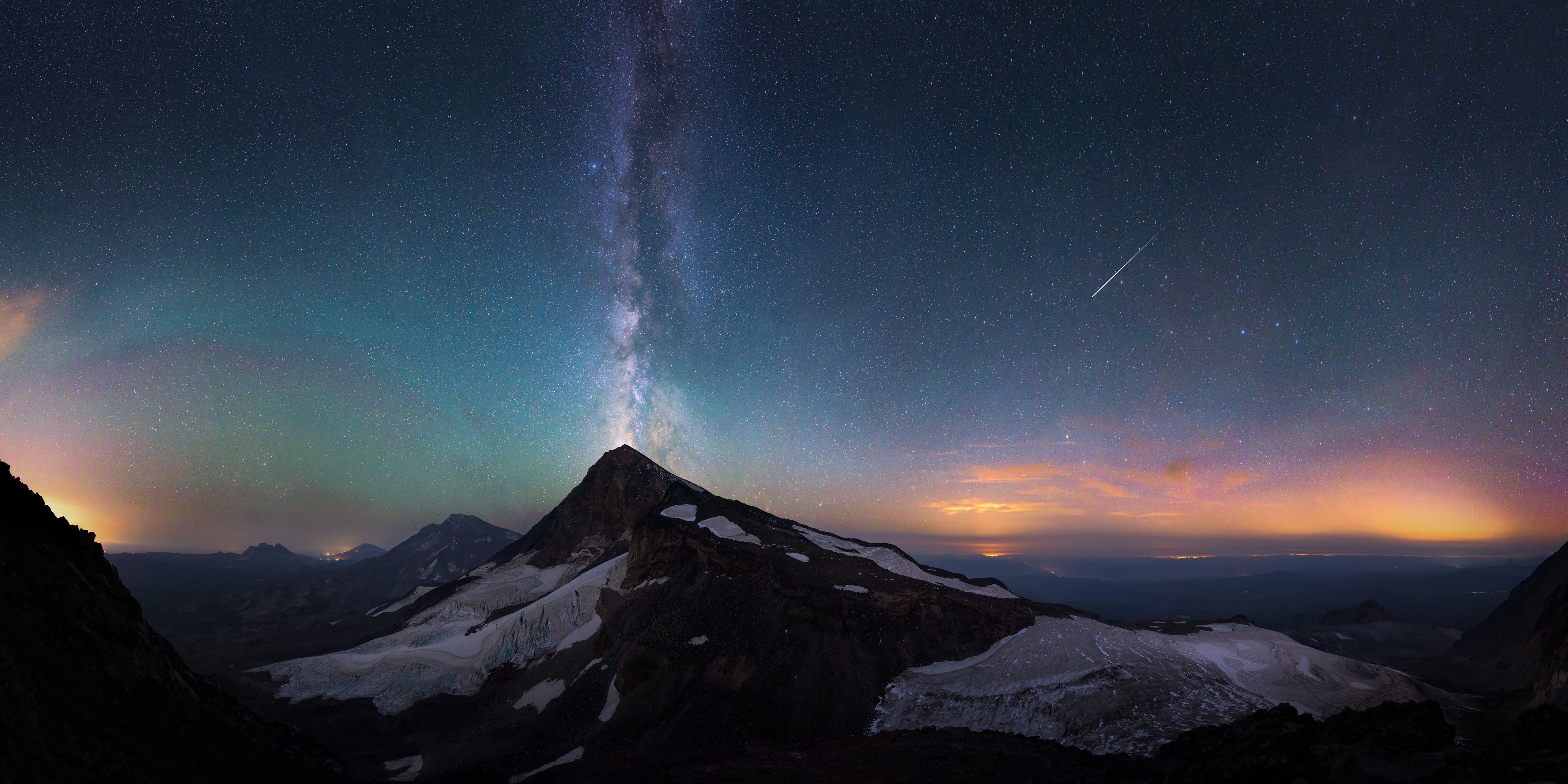 5K, stars, landscape, mountains, Milky Way, starscape, shooting stars, HD Wallpaper