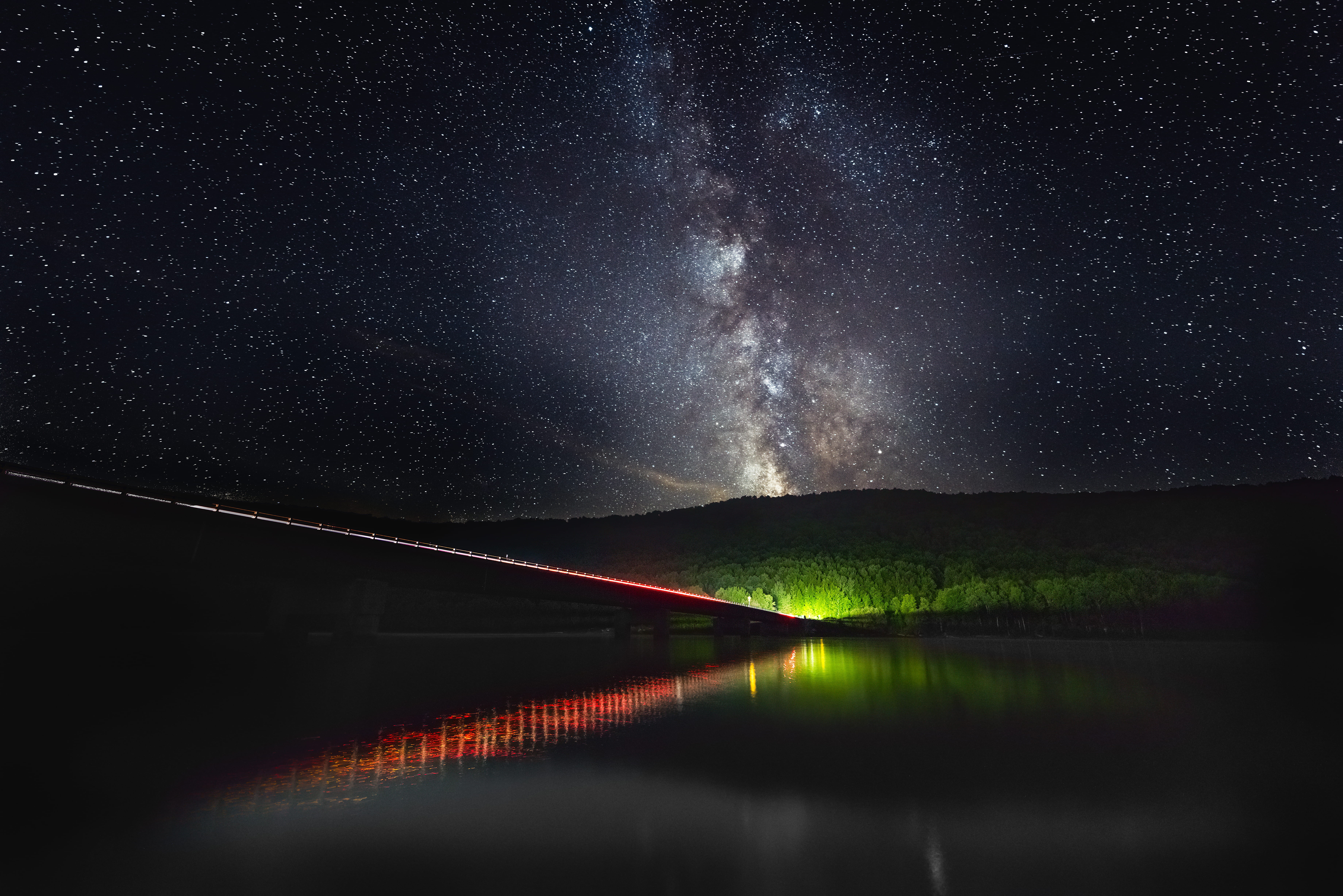 astrology, dark, silhouette, bridge, space and astronomy, reflection, galaxy, no people, landscape, comet, star field, view, star, starry, constellation, HD Wallpaper
