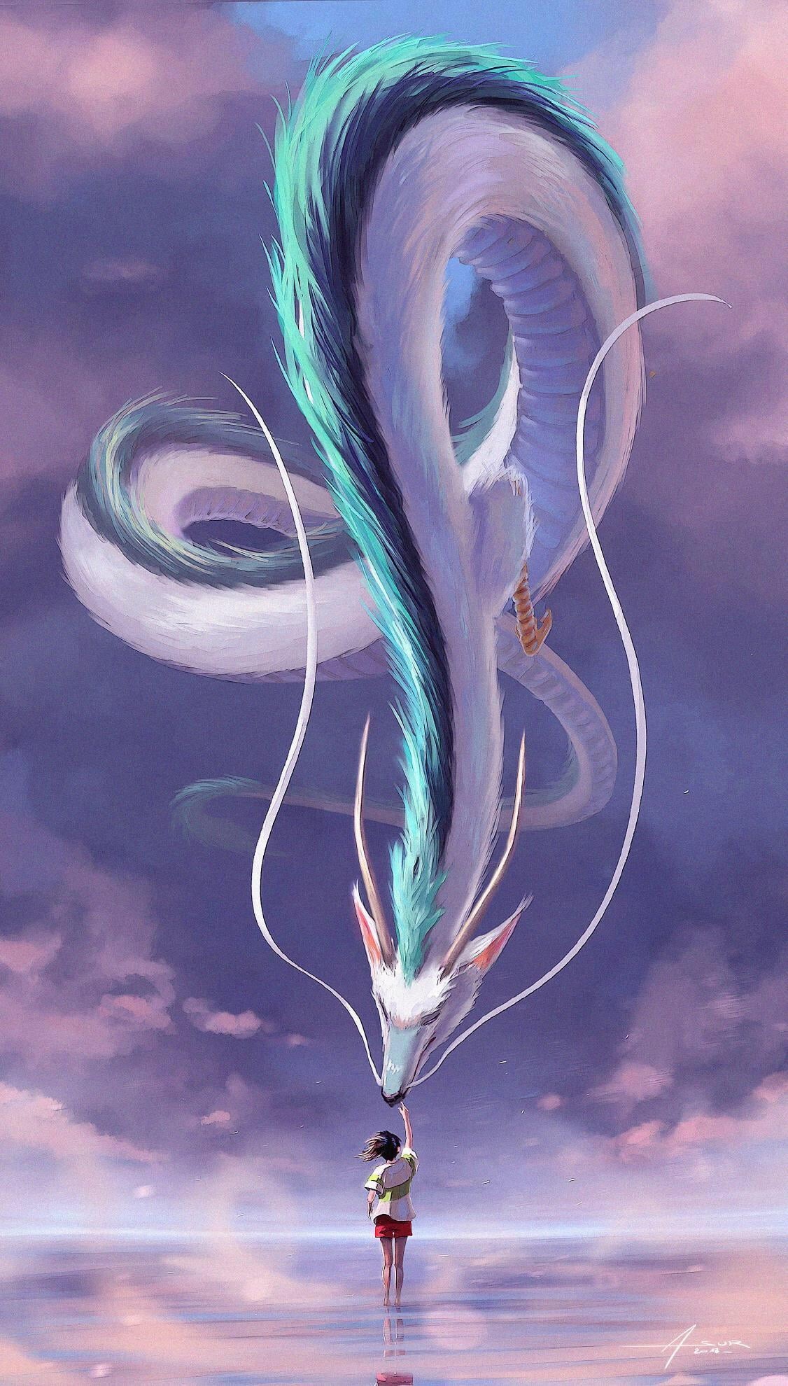 Haku, clouds, Asur Misoa, Chihiro, anime, creature, illustration, digital painting, dragon, Spirited Away, children, anime girls, sky, 1080P, Phone HD Wallpaper
