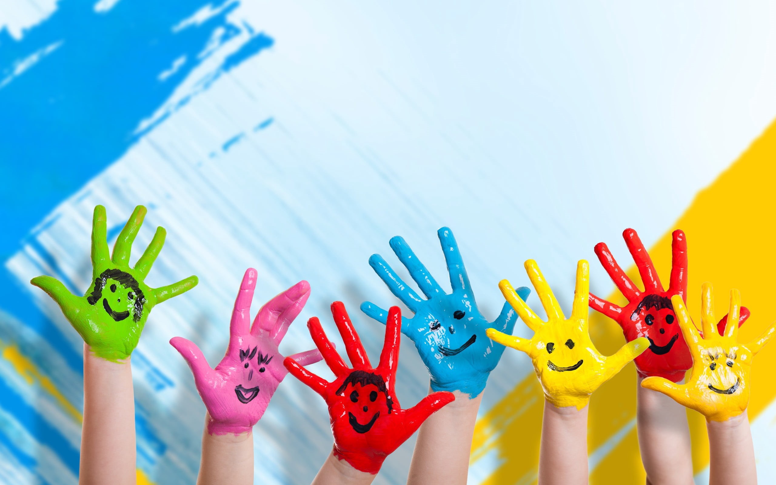 pencil, people, holding, representation, blue, backgrounds, seven, fun, 2K, paints, close-up, toy, cute, cheerful, hand, creativity, art and craft equipment, HD Wallpaper