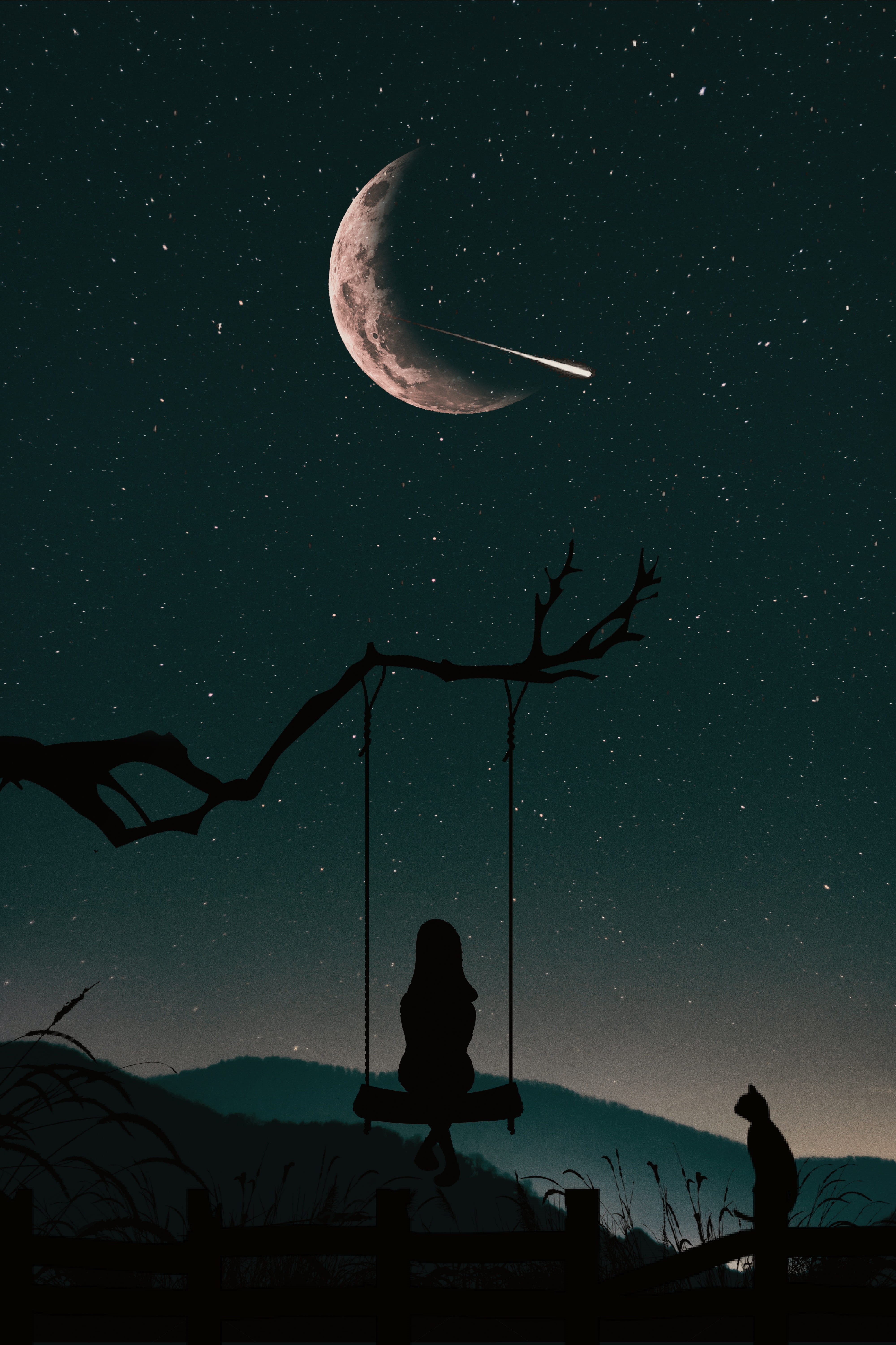 bright, star, infinity, illustration, low angle view, outdoors, crescent, branch, star field, astronomy, girl, beauty in nature, fairy sky, space, starry, Phone HD Wallpaper