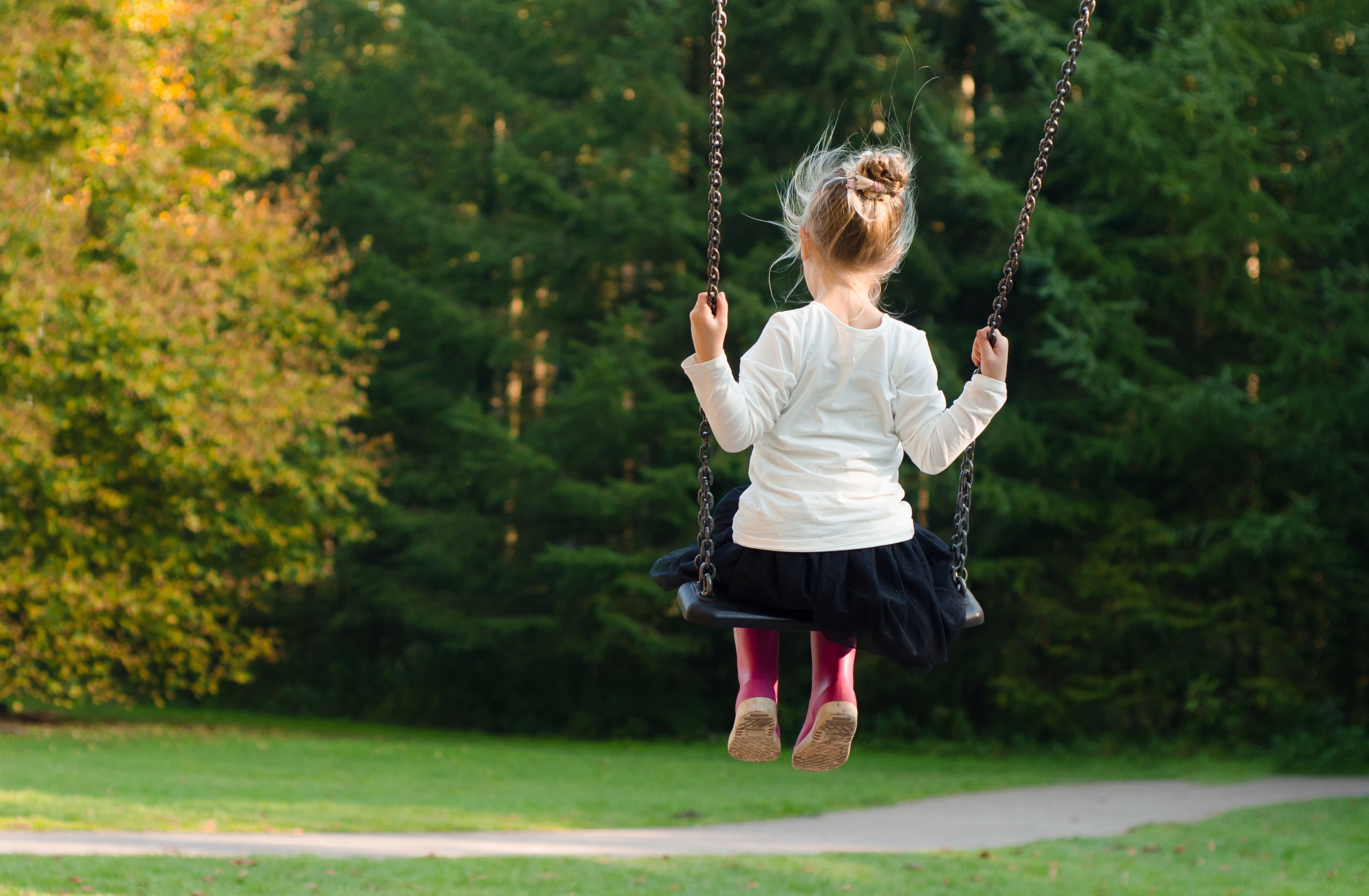 swing, skirt, playground, cute, playful, girls, fun, cheerful, rear view, person, black, caucasian Ethnicity, little, playing, innocence, plant, day, play, HD Wallpaper