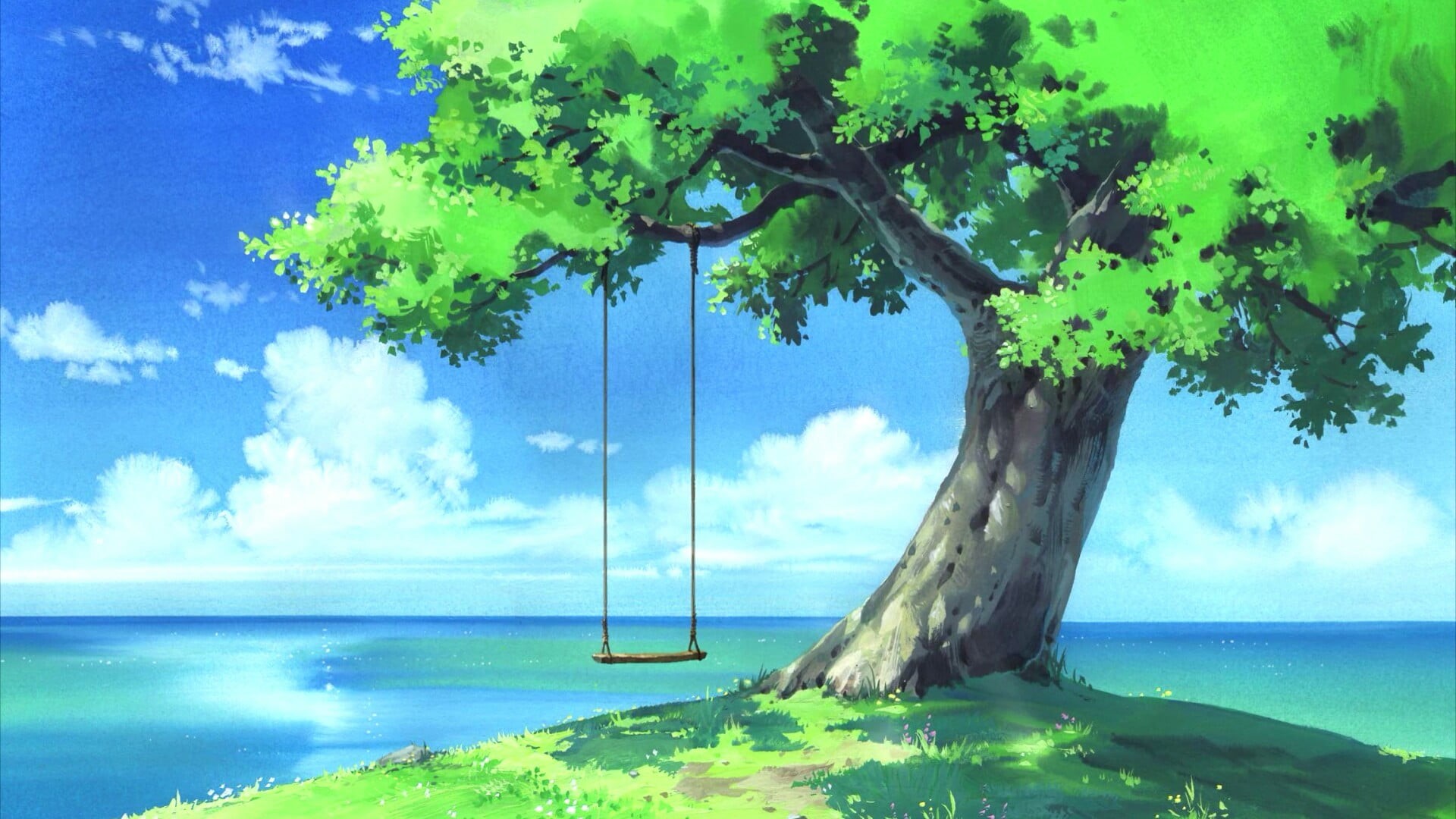 1080P, scenics - nature, green color, swing, turquoise colored, tree trunk, tree, nature, water, cloud - sky, sky, horizon over water, anime art, outdoors, HD Wallpaper