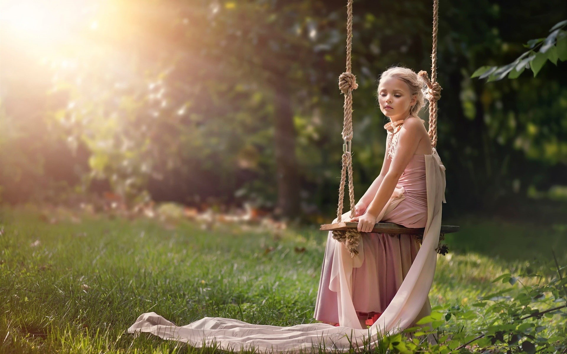 Sun, Girl, Cute, Sit, Summer, Swing, 1080P, HD Wallpaper