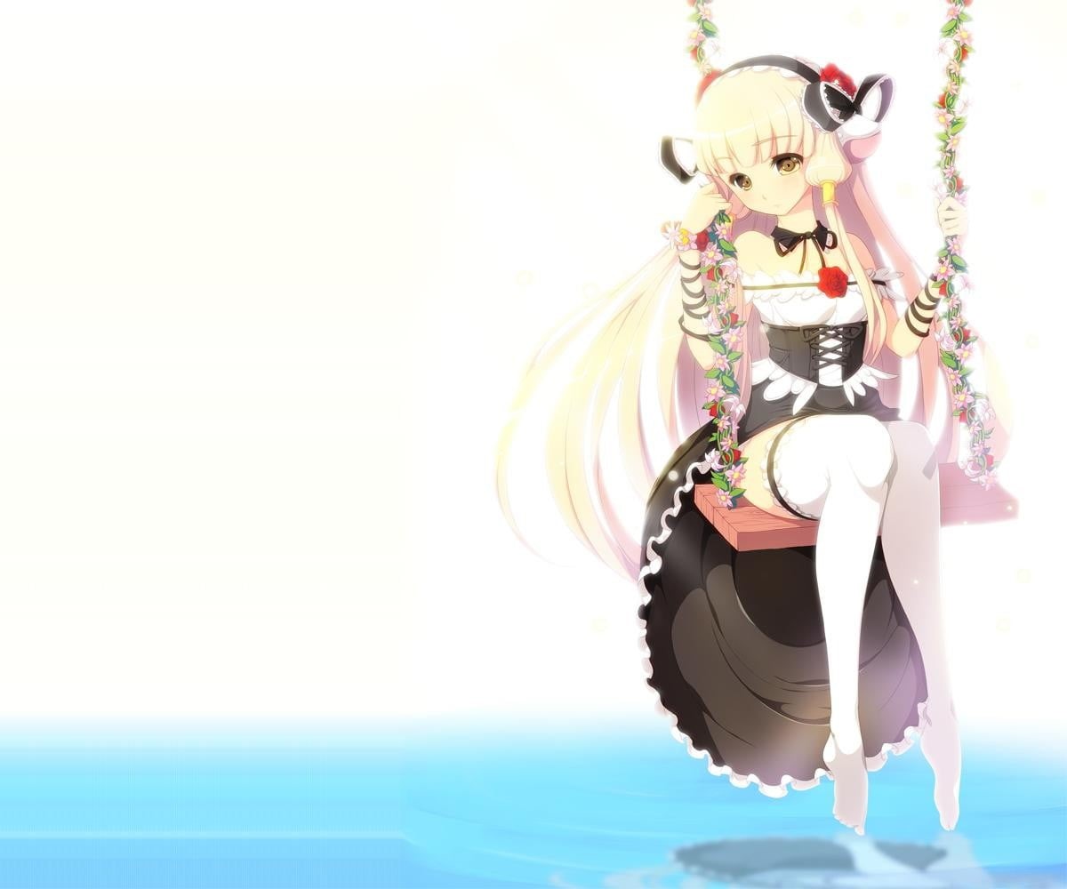 standing, lifestyles, real people, sunlight, anime, representation, Chobits, rear view, thigh-highs, men, legs, swings, sea, obscured face, simple background, HD Wallpaper