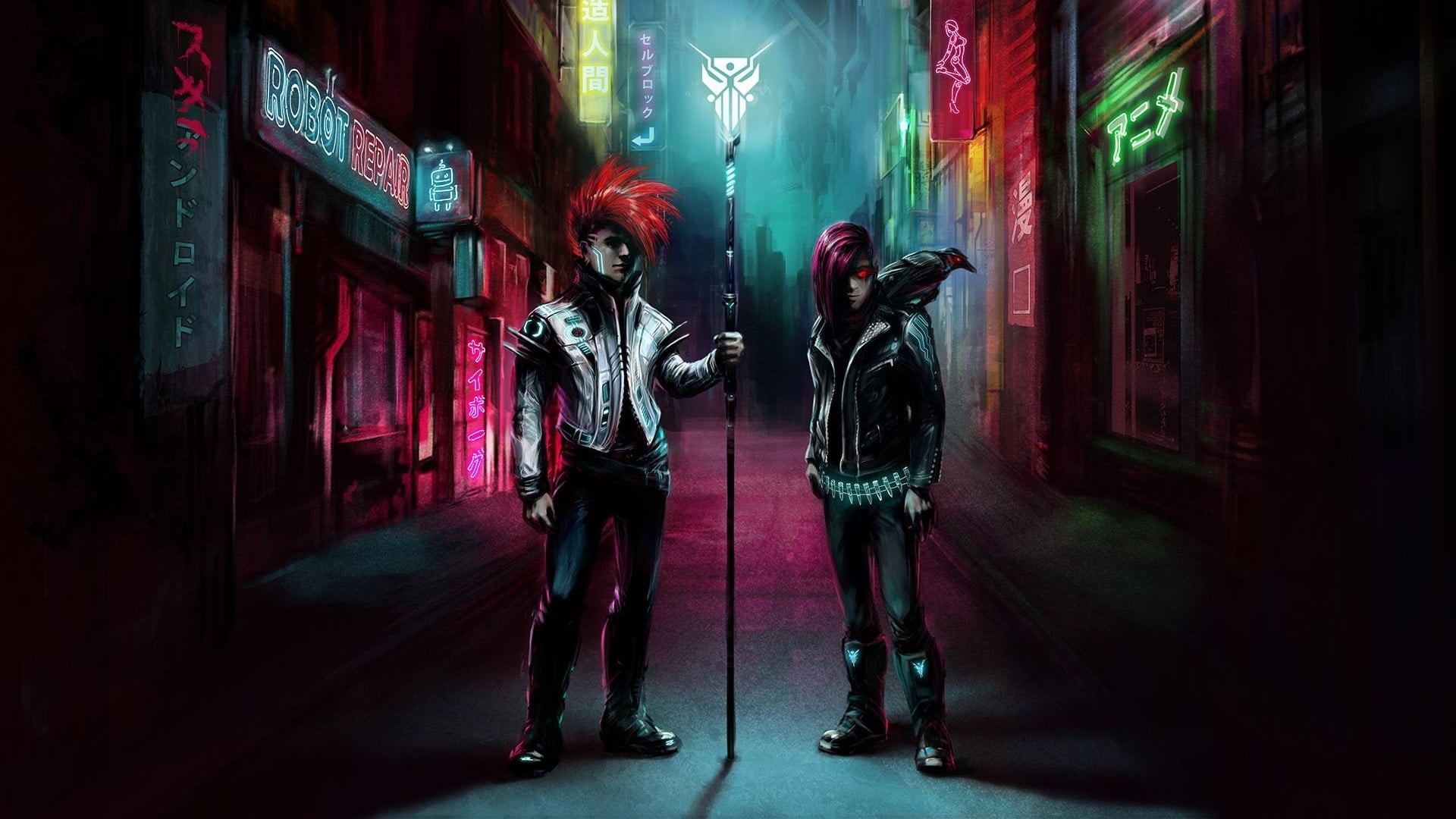raven, digital composite, street, women, Klayton, built structure, people, standing, young adult, road, creativity, night, graffiti, clothing, illuminated, HD Wallpaper