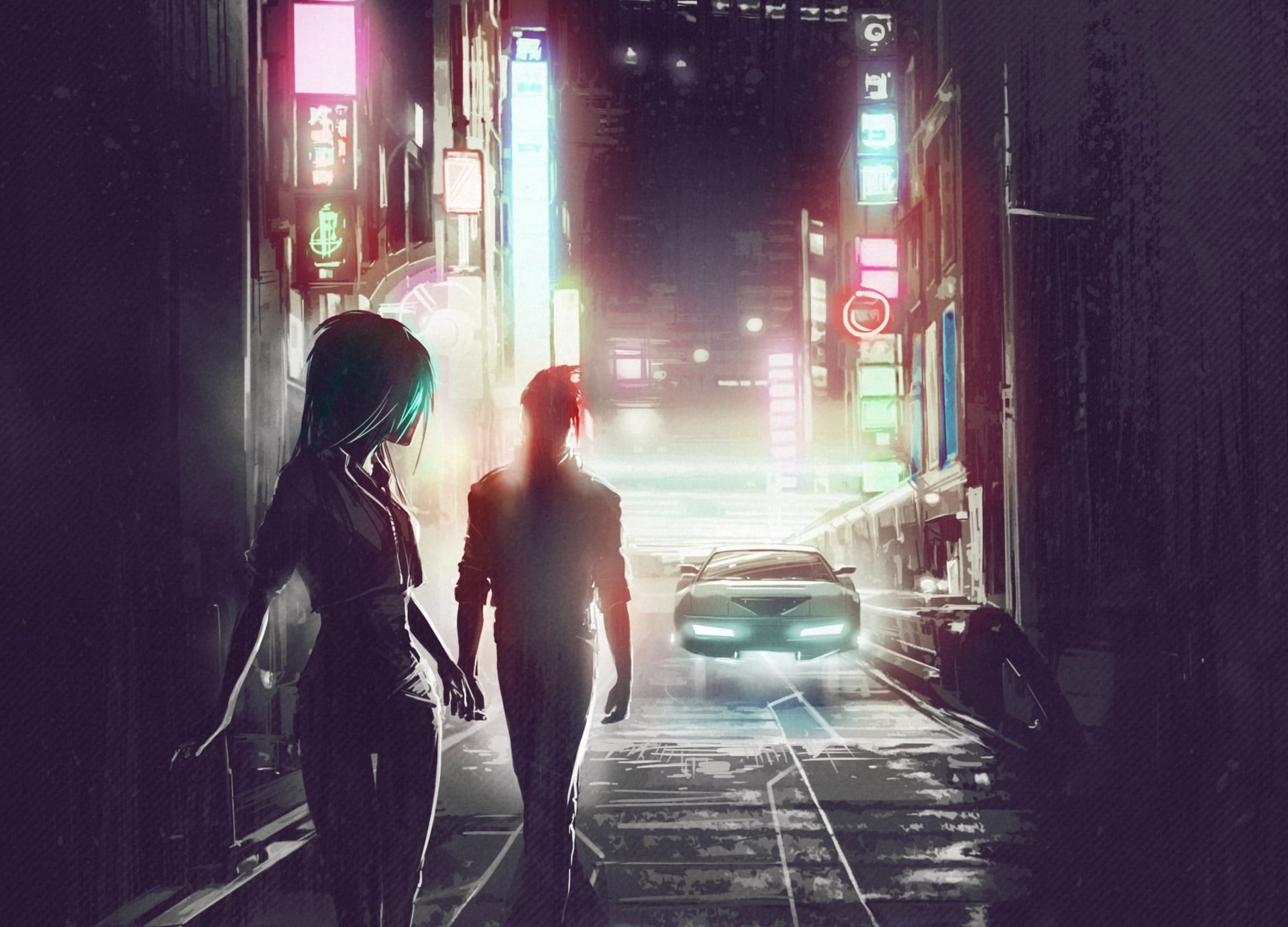 night, Scandroid, Band (Music), illuminated, Man, Futuristic City, city life, Klayton, building exterior, Town, city, mode of transportation, two people, HD Wallpaper