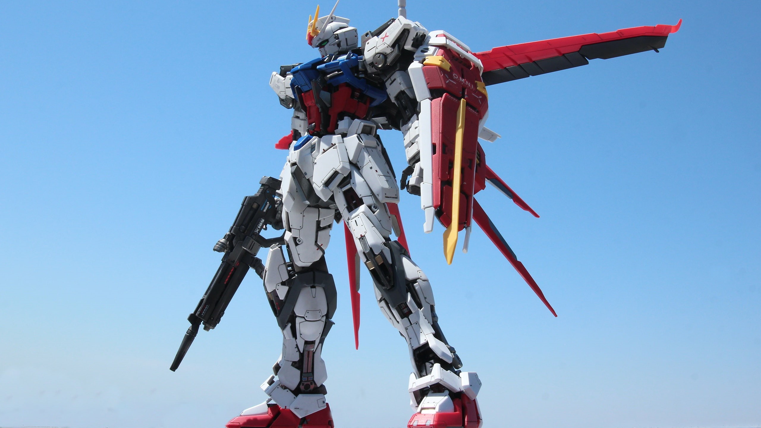 clear sky, 2K, technology, Gundam, Mobile Suit Gundam, outdoors, low angle view, military, Gunpla, navy, day, helicopter, flying, motion, no people, Mobile Suit Gundam SEED, HD Wallpaper